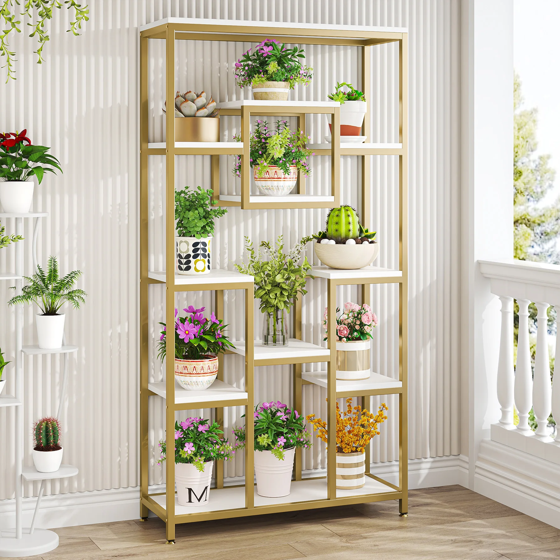 Tribesigns Bookshelf Bookcase, Gold 8-Open Shelf Etagere Bookcase with Faux Marble, Modern Book Shelves Display Shelf
