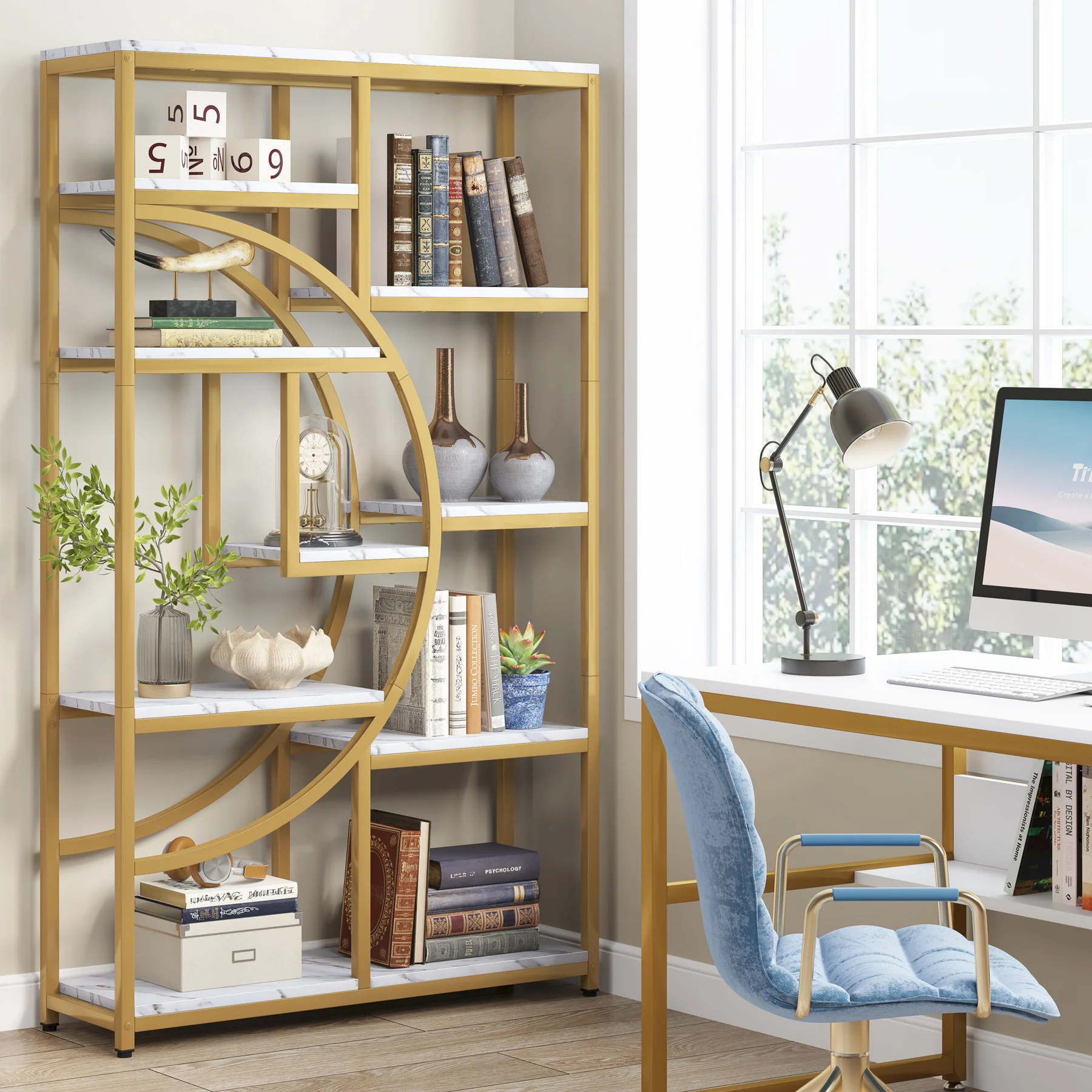 Tribesigns Bookshelf Bookcase, Gold 8-Open Shelf Etagere Bookcase with Faux Marble, Modern Book Shelves Display Shelf