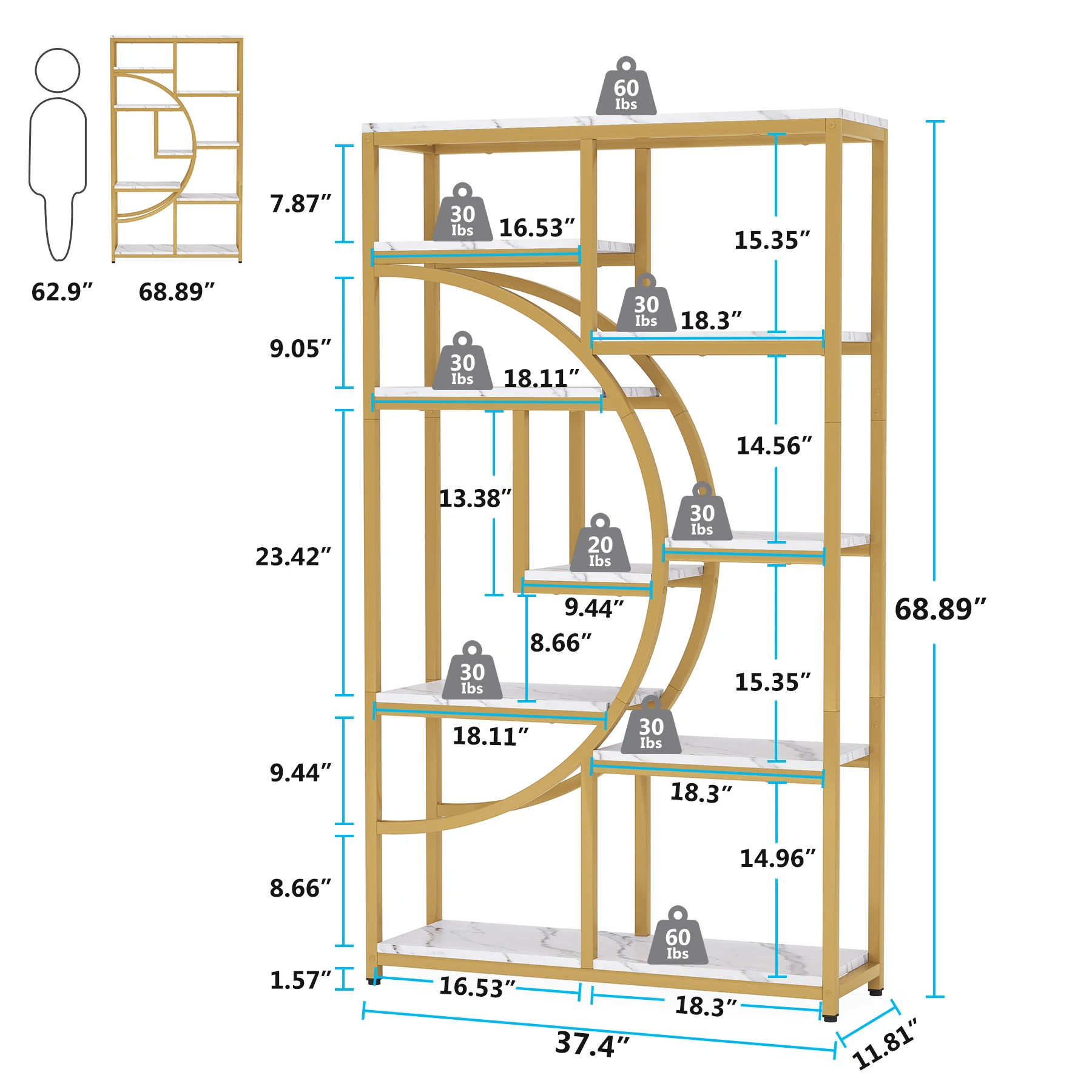 Tribesigns Bookshelf Bookcase, Gold 8-Open Shelf Etagere Bookcase with Faux Marble, Modern Book Shelves Display Shelf