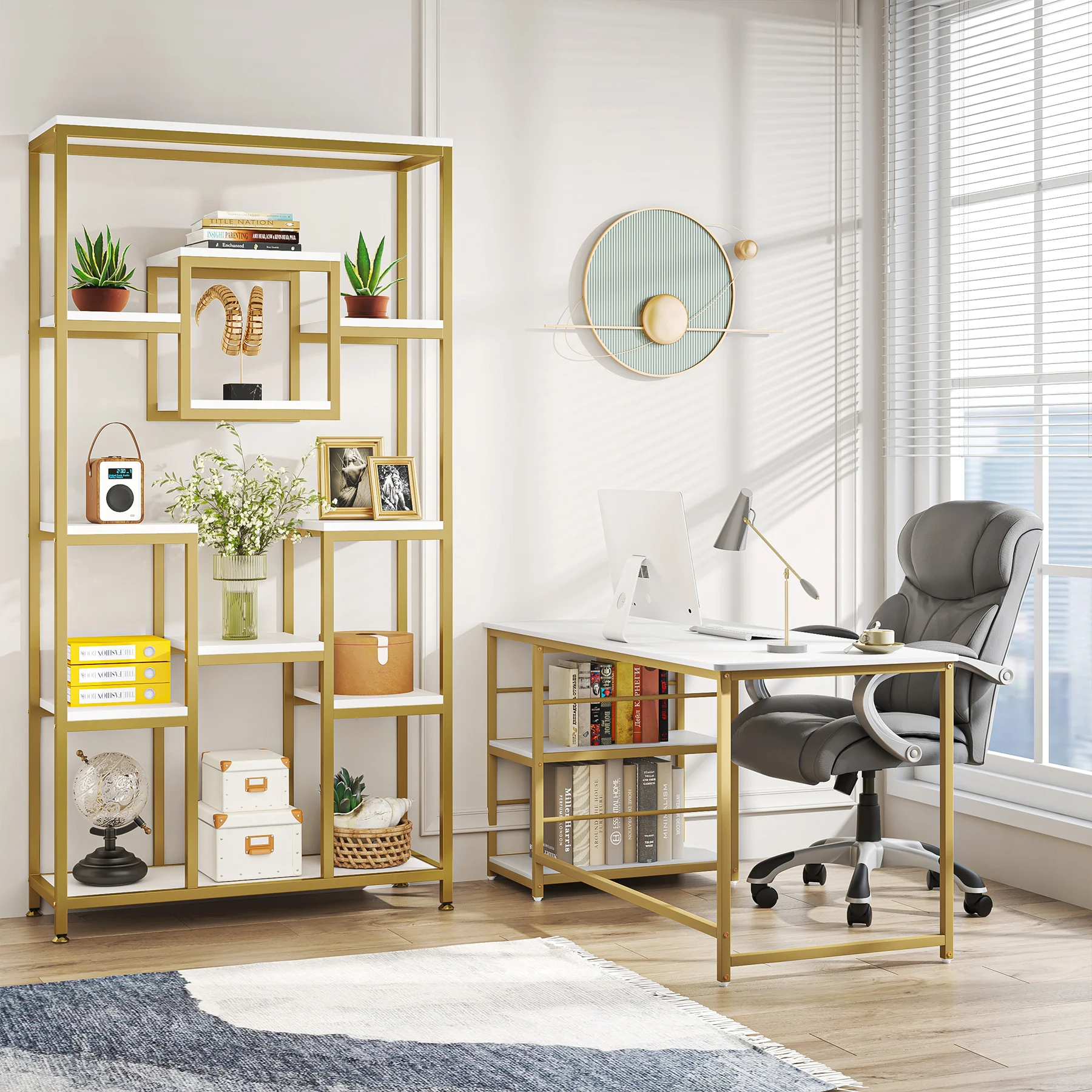 Tribesigns Bookshelf Bookcase, Gold 8-Open Shelf Etagere Bookcase with Faux Marble, Modern Book Shelves Display Shelf