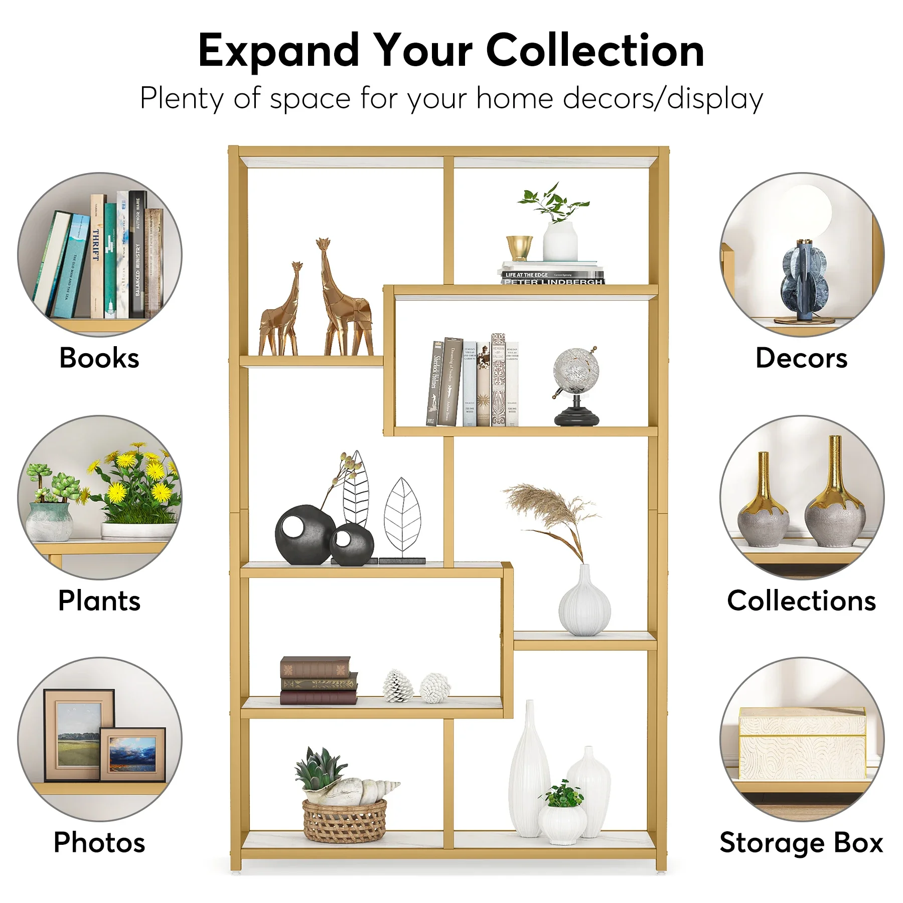 Tribesigns Bookshelf Bookcase, Gold 8-Open Shelf Etagere Bookcase with Faux Marble, Modern Book Shelves Display Shelf