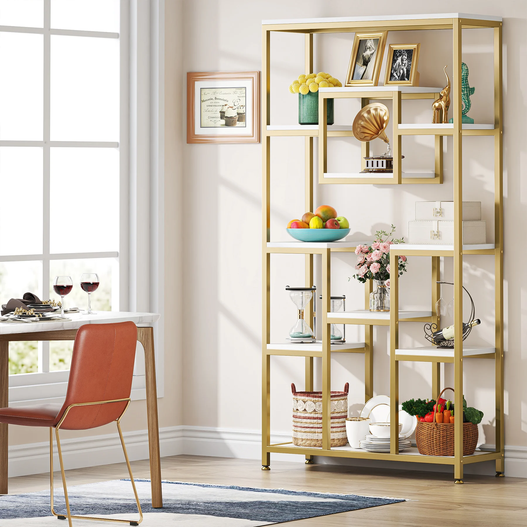 Tribesigns Bookshelf Bookcase, Gold 8-Open Shelf Etagere Bookcase with Faux Marble, Modern Book Shelves Display Shelf