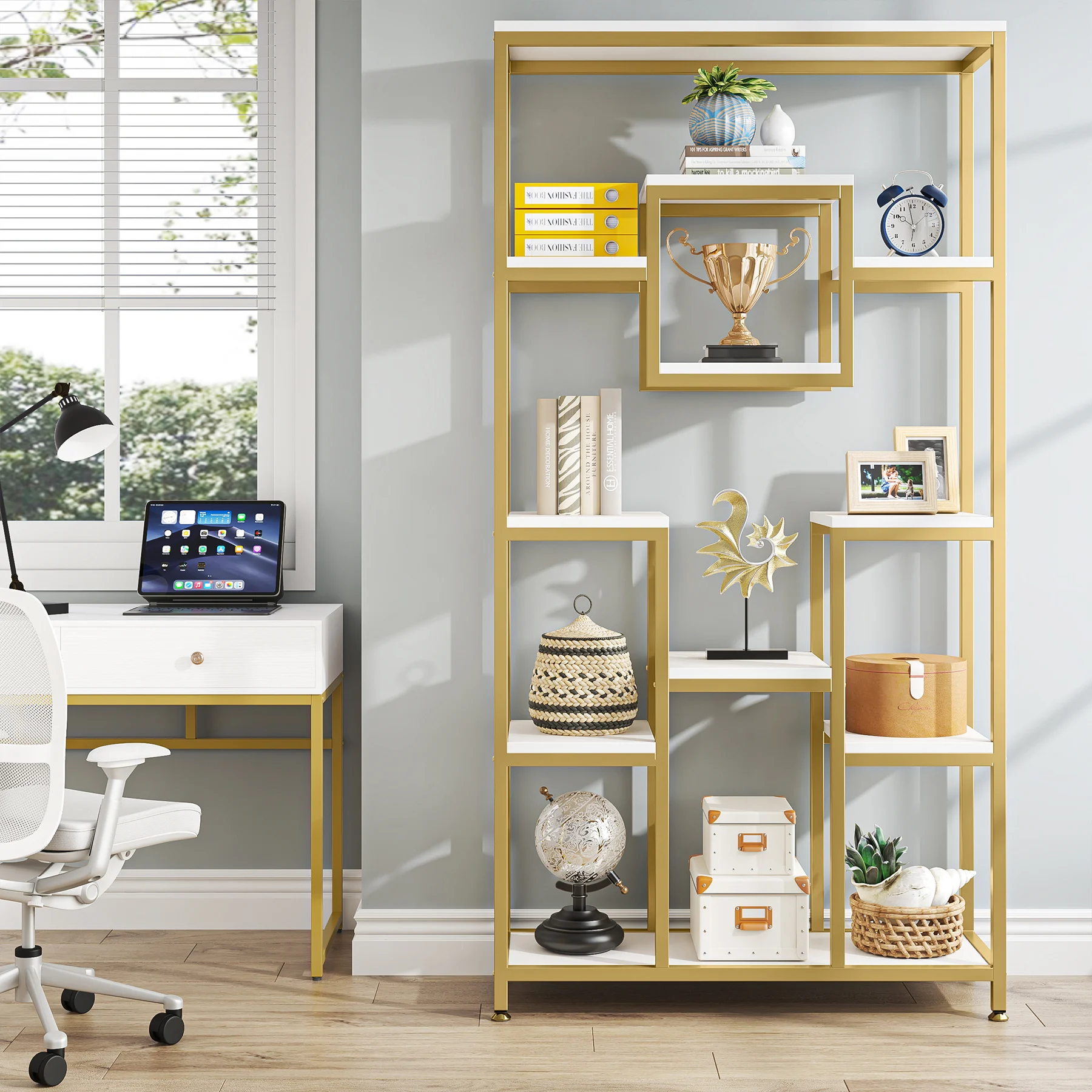 Tribesigns Bookshelf Bookcase, Gold 8-Open Shelf Etagere Bookcase with Faux Marble, Modern Book Shelves Display Shelf