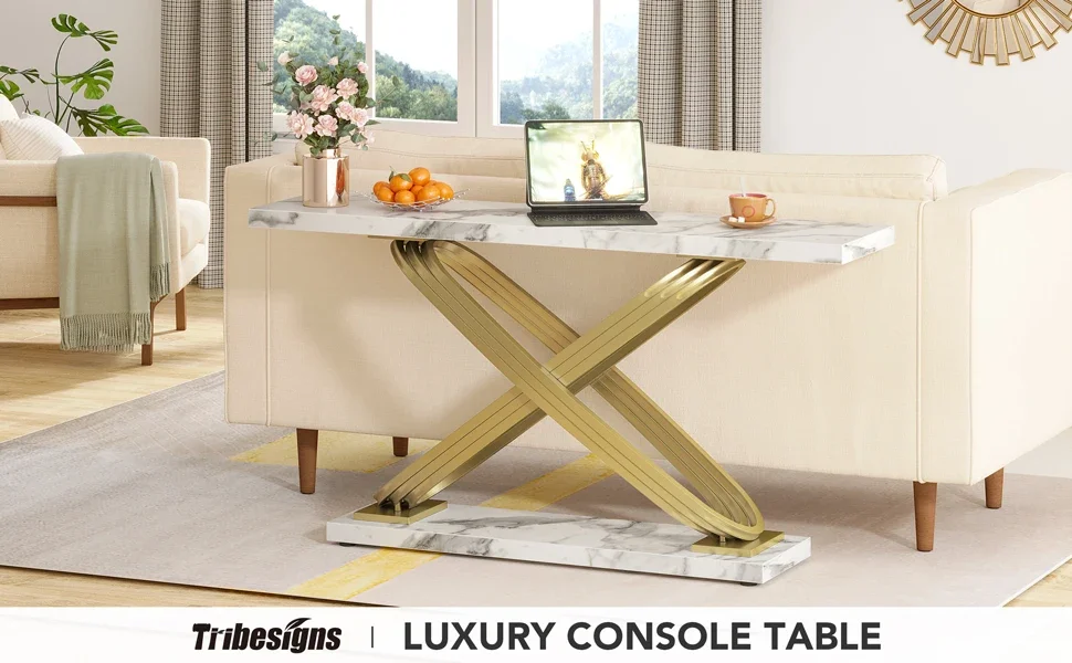 Tribesigns 55 Inch Modern Console Table, Faux Marble Gold Entryway Table Behind Sofa Couch, Narrow Rectangular Sofa Table