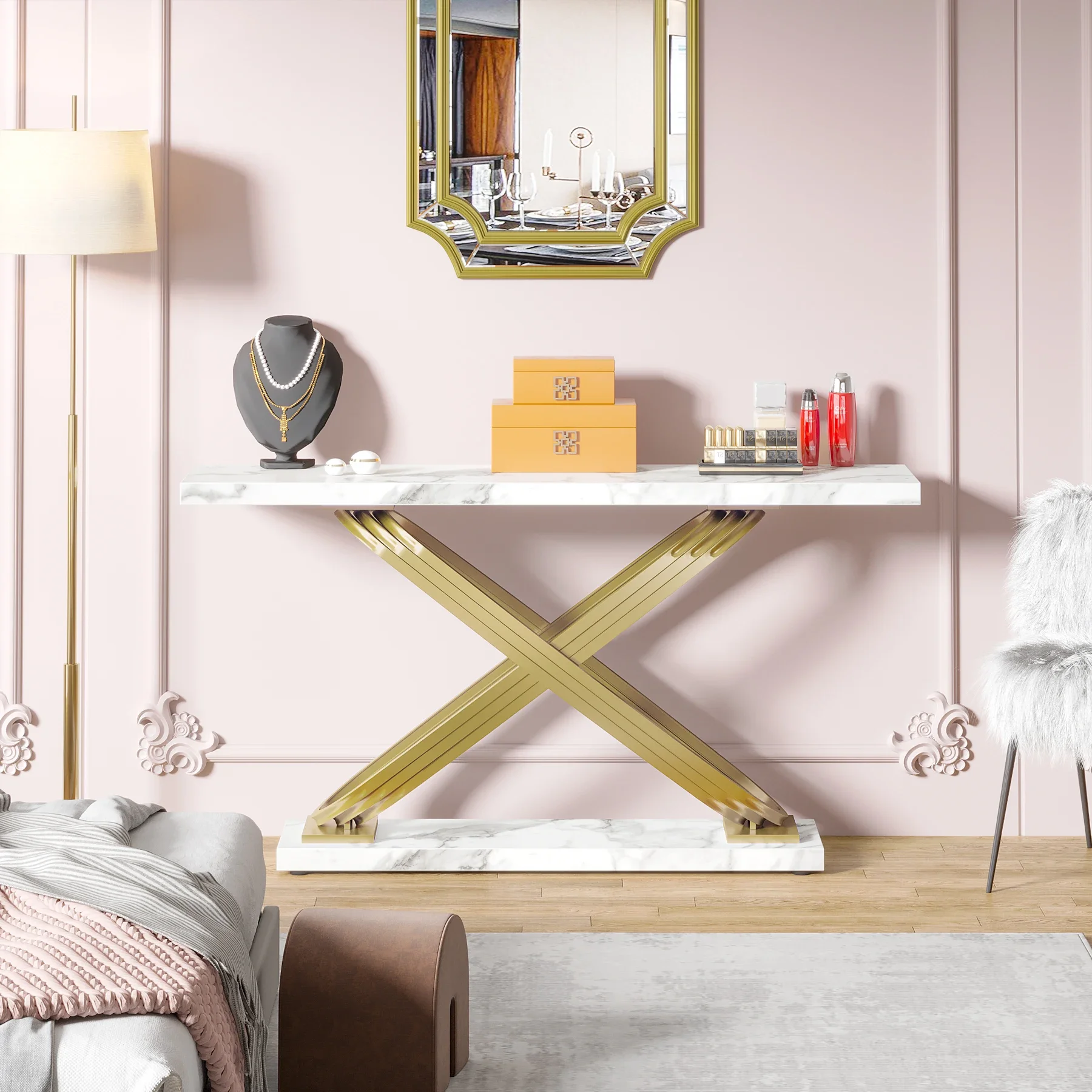 Tribesigns 55 Inch Modern Console Table, Faux Marble Gold Entryway Table Behind Sofa Couch, Narrow Rectangular Sofa Table
