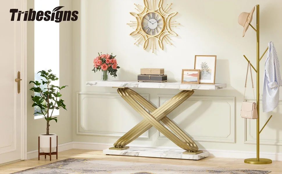 Tribesigns 55 Inch Modern Console Table, Faux Marble Gold Entryway Table Behind Sofa Couch, Narrow Rectangular Sofa Table