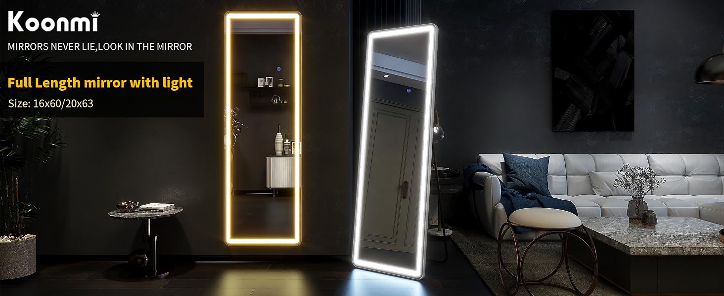 63"x20" Full Length Mirror with Lights,LED Mirror Full Length,Lighted Floor Mirror with Stand,Full Body Mirror with Dimming