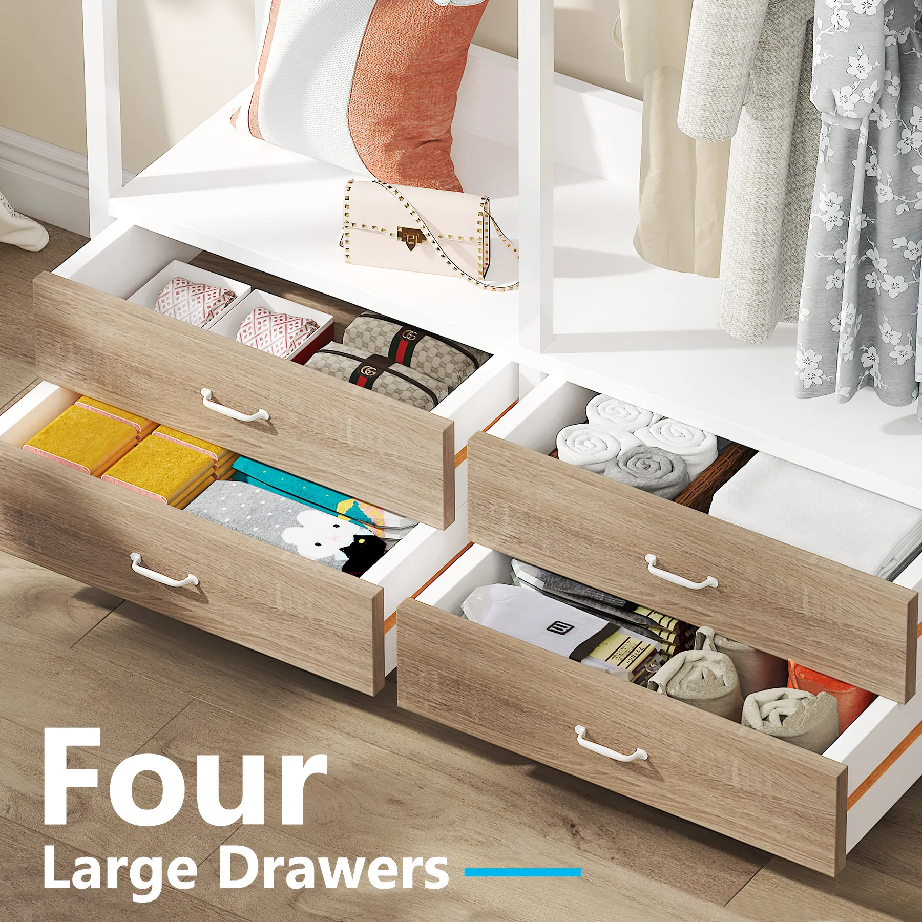 Tribesigns Freestanding Closet Organizer for Hanging Clothes, Heavy Duty Garment Rack with Drawers, 8 Hooks and Storage Shelves