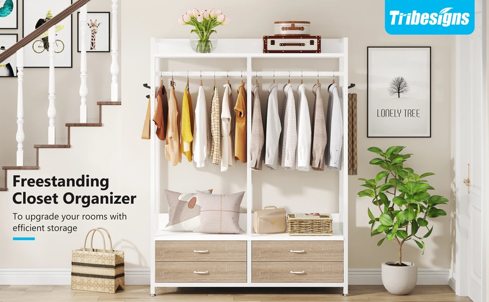Tribesigns Freestanding Closet Organizer for Hanging Clothes, Heavy Duty Garment Rack with Drawers, 8 Hooks and Storage Shelves