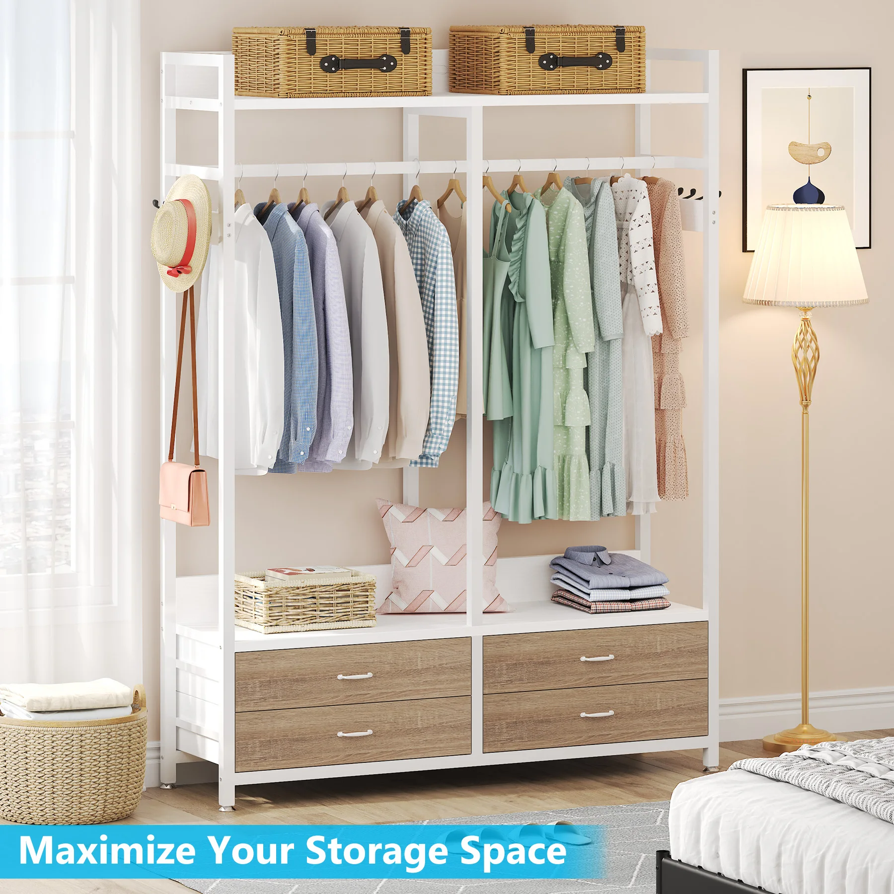 Tribesigns Freestanding Closet Organizer for Hanging Clothes, Heavy Duty Garment Rack with Drawers, 8 Hooks and Storage Shelves