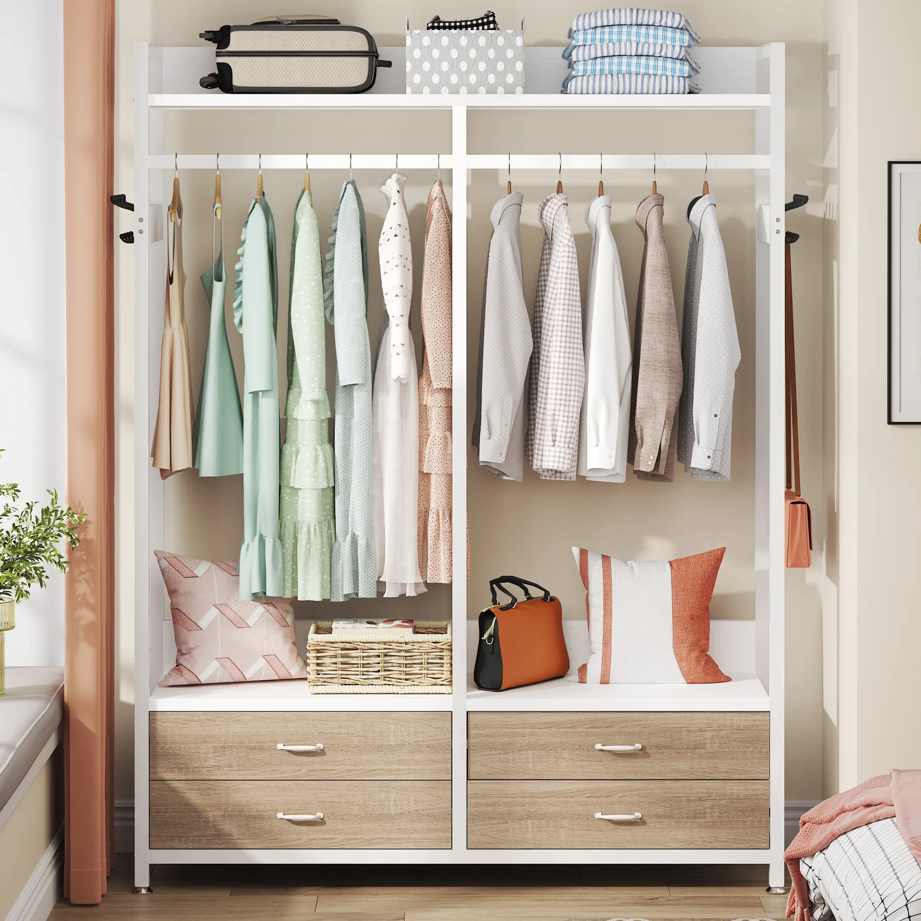 Tribesigns Freestanding Closet Organizer for Hanging Clothes, Heavy Duty Garment Rack with Drawers, 8 Hooks and Storage Shelves