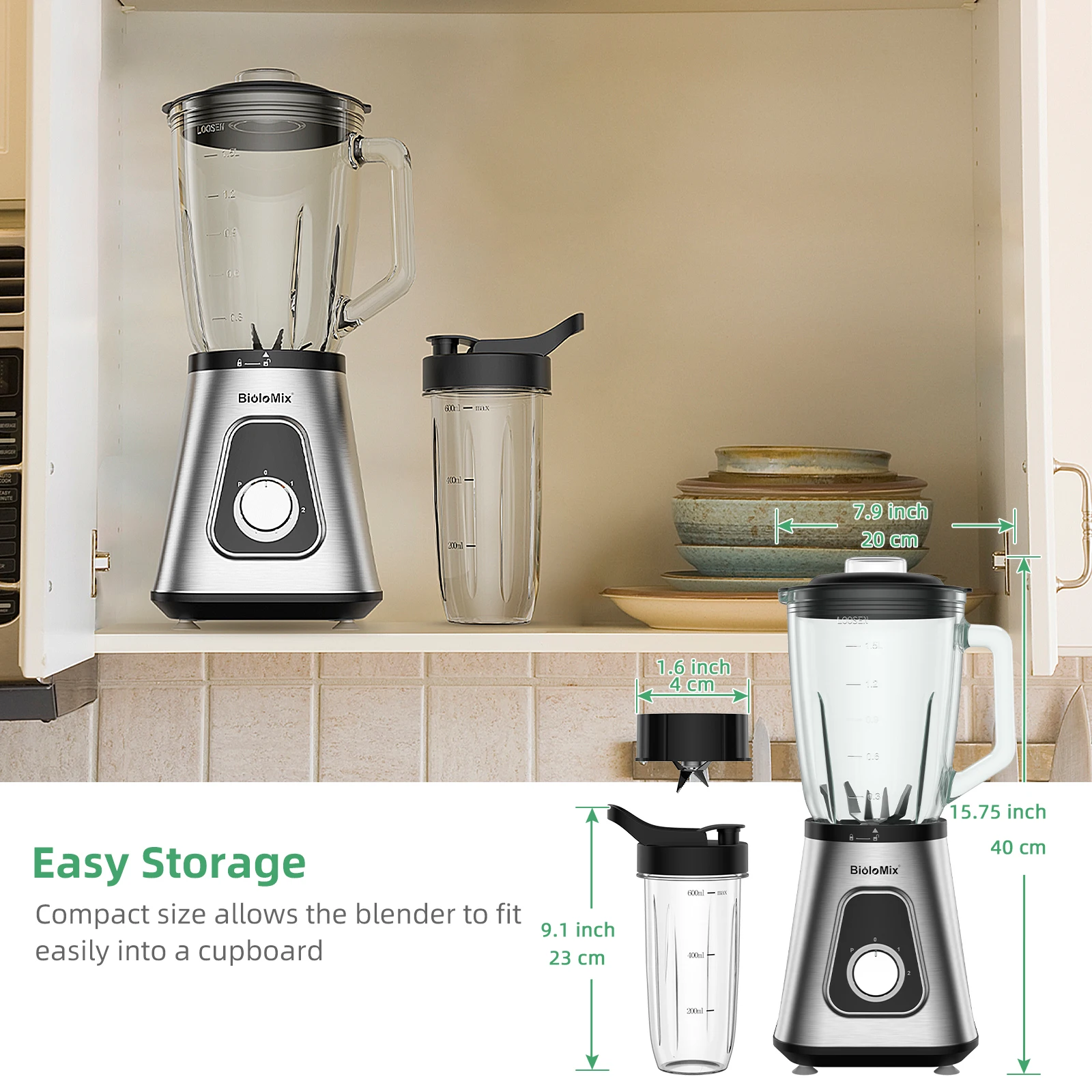 BioloMix 1300W Smoothie Maker with 1.5L Glass Jar Personal Blender for Frozen Fruit Drinks And Sauces