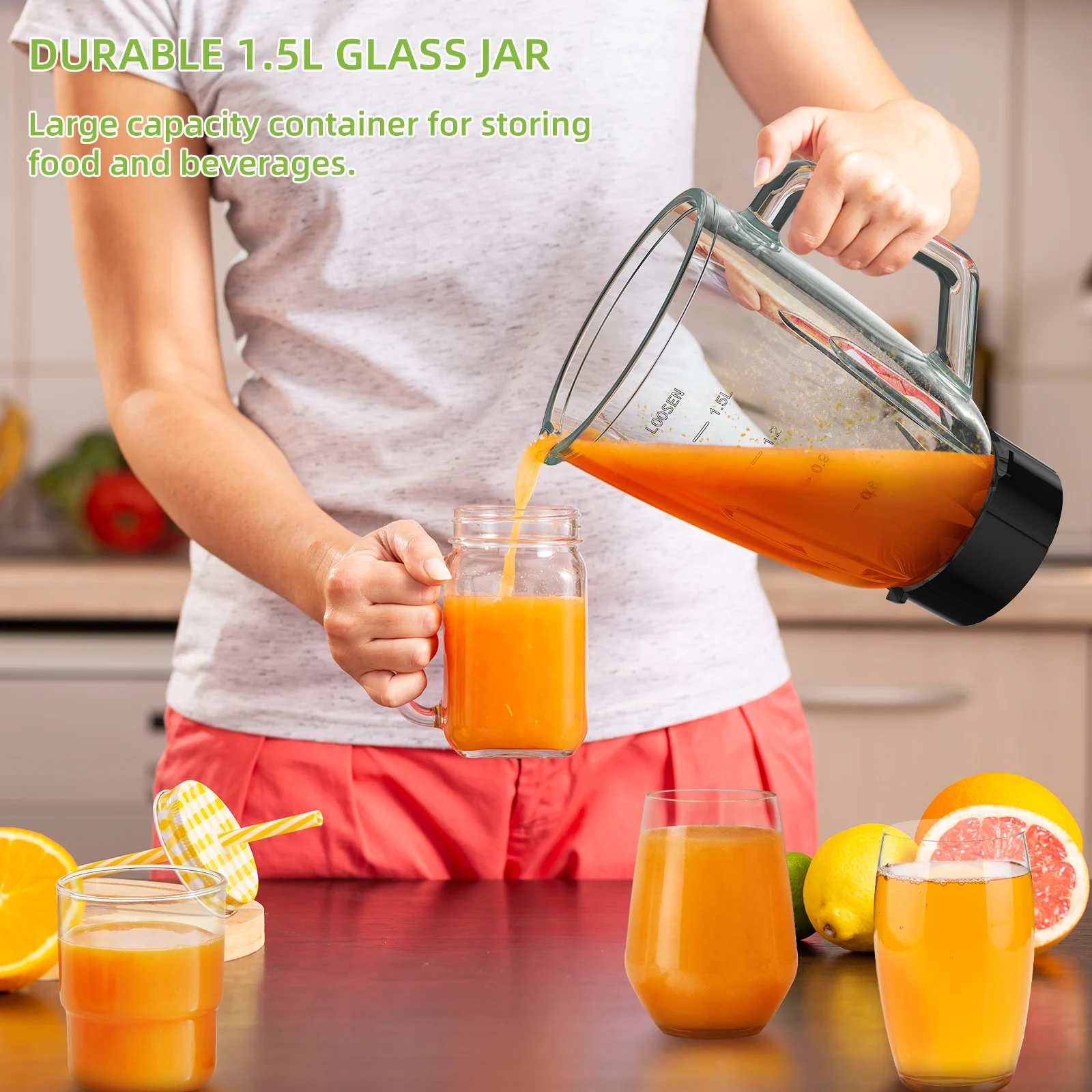 BioloMix 1300W Smoothie Maker with 1.5L Glass Jar Personal Blender for Frozen Fruit Drinks And Sauces