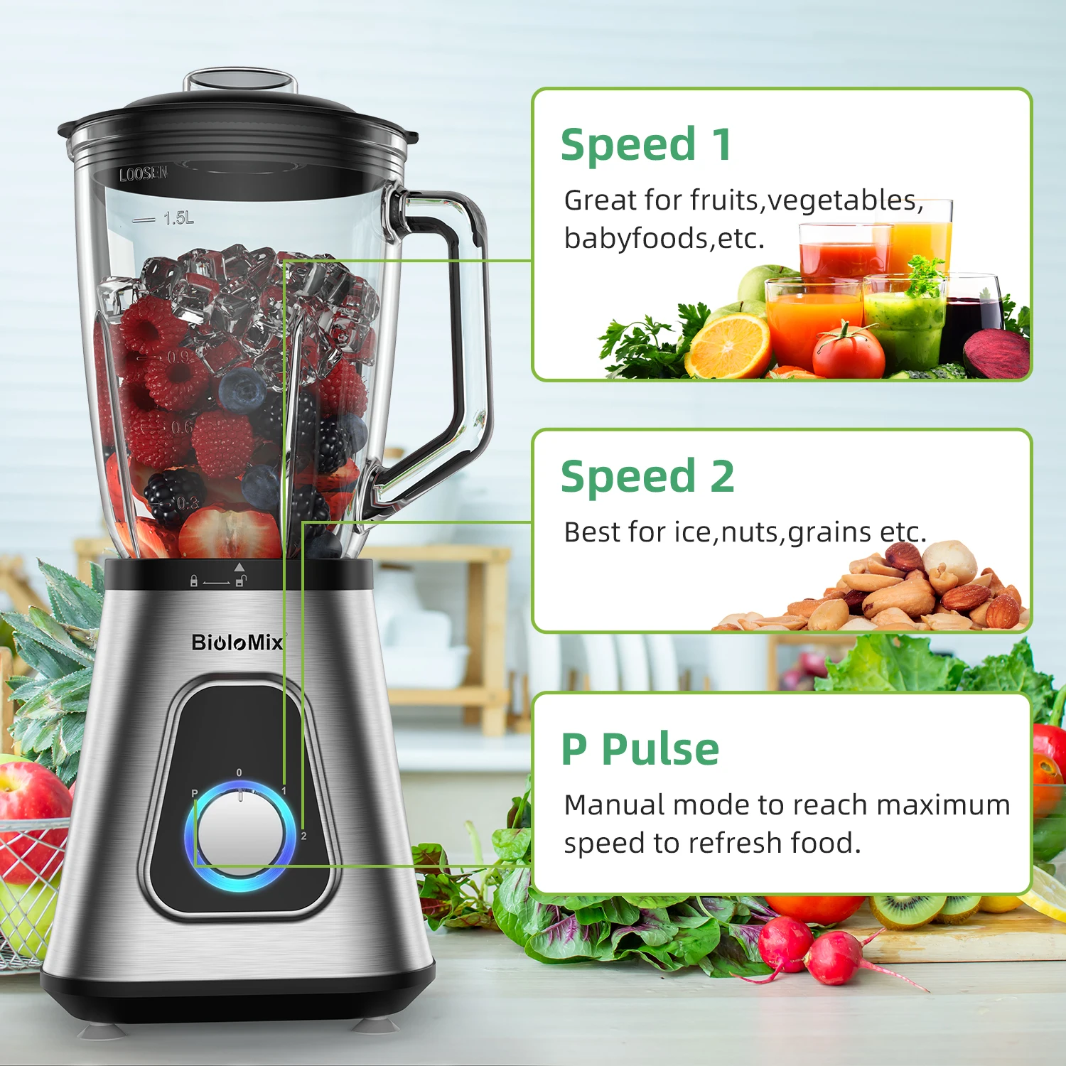 BioloMix 1300W Smoothie Maker with 1.5L Glass Jar Personal Blender for Frozen Fruit Drinks And Sauces