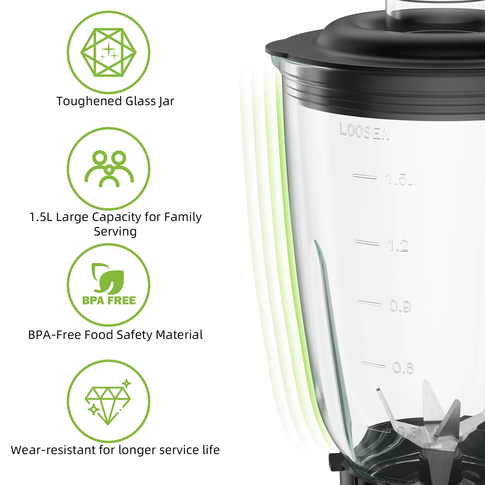 BioloMix 1300W Smoothie Maker with 1.5L Glass Jar Personal Blender for Frozen Fruit Drinks And Sauces