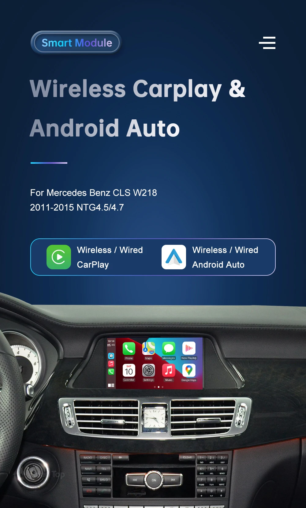 Road Top Wireless CarPlay Android Auto for Mercedes Benz CLS W218 NTG4.5/NTG4.7 2011-2015, with Mirror Link AirPlay Car Play