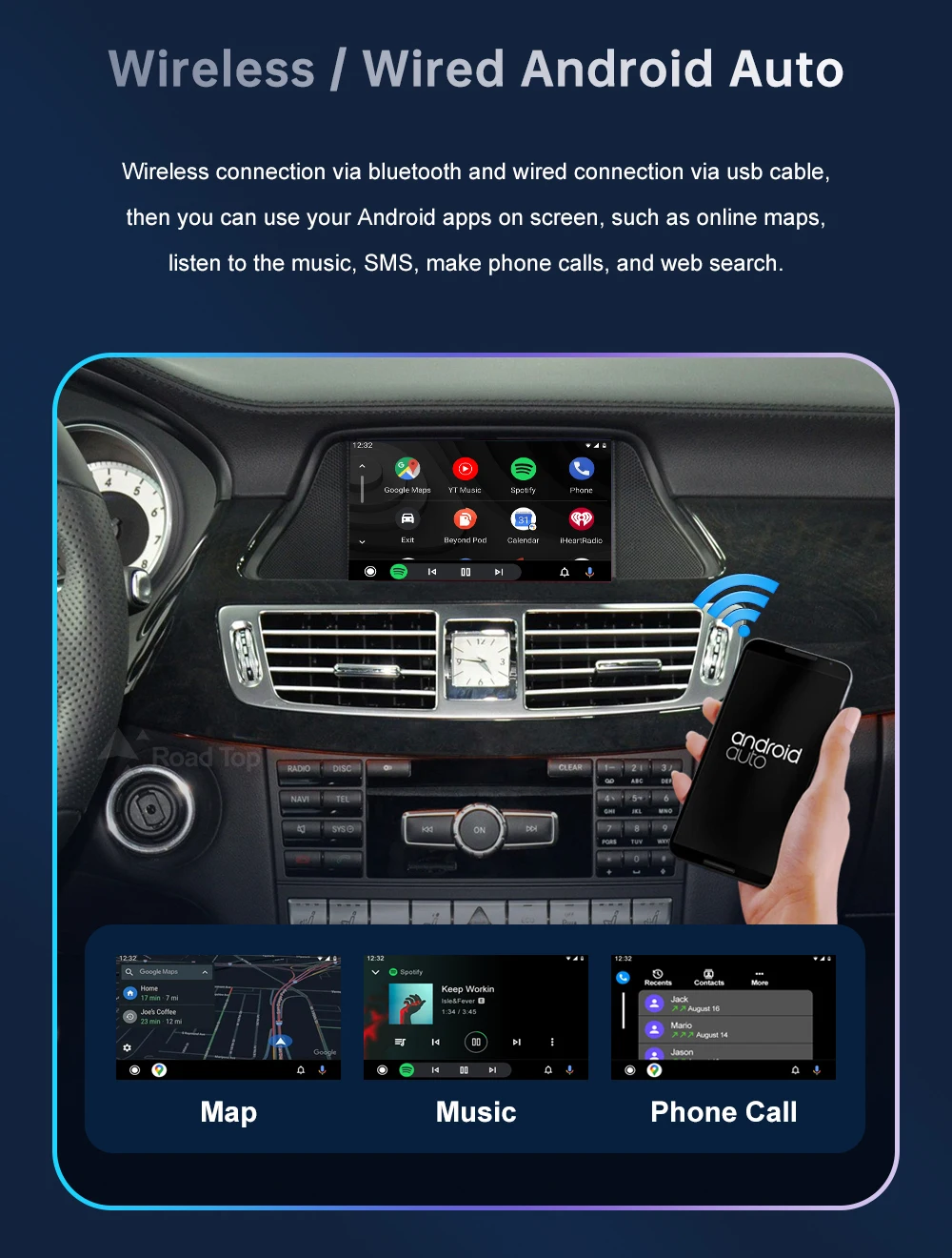 Road Top Wireless CarPlay Android Auto for Mercedes Benz CLS W218 NTG4.5/NTG4.7 2011-2015, with Mirror Link AirPlay Car Play