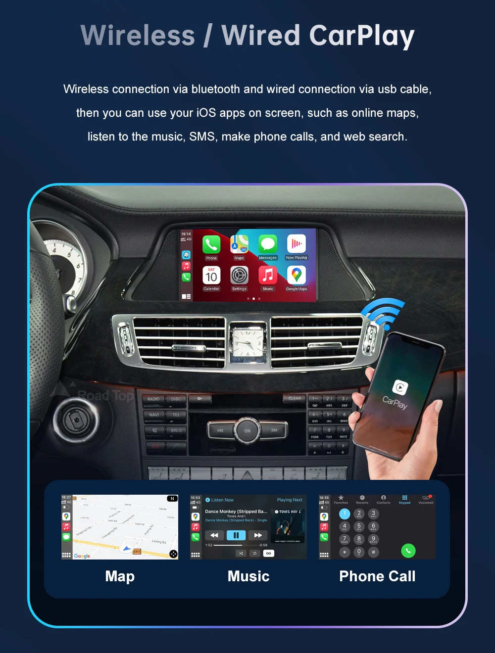 Road Top Wireless CarPlay Android Auto for Mercedes Benz CLS W218 NTG4.5/NTG4.7 2011-2015, with Mirror Link AirPlay Car Play