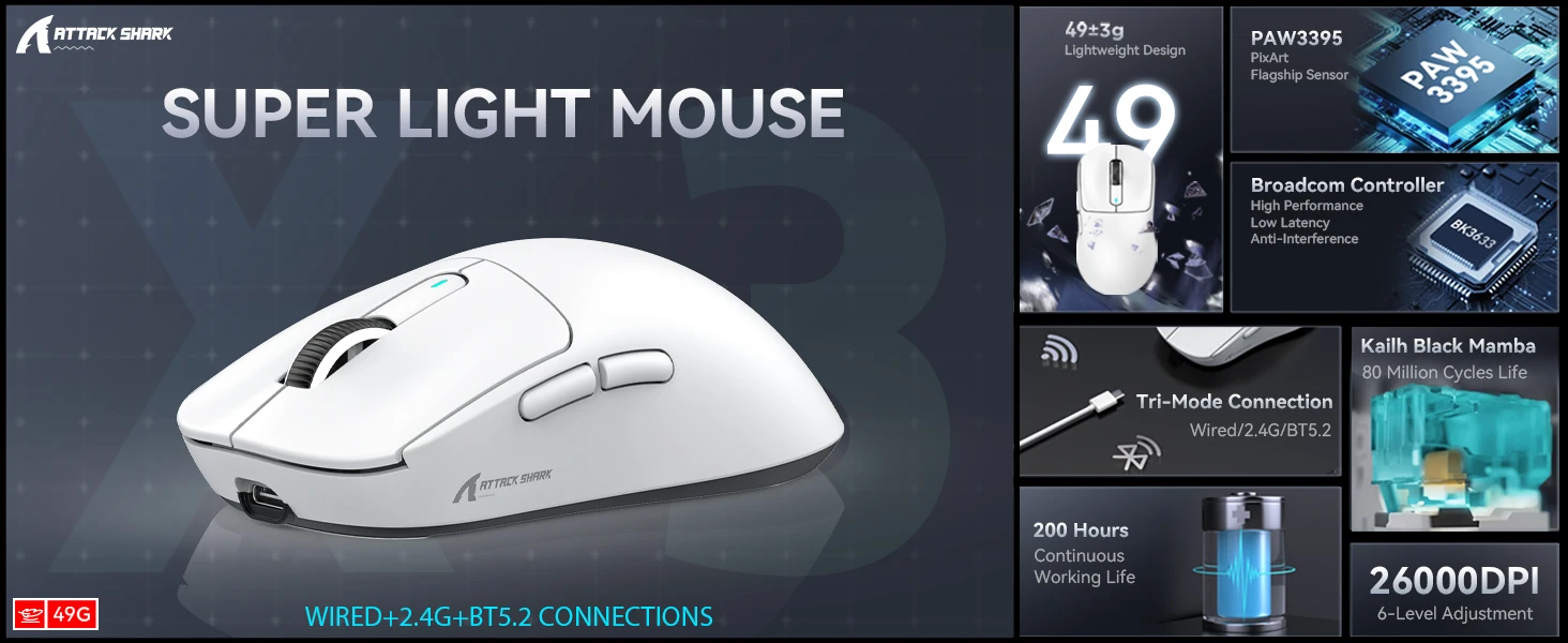 ATTACK SHARK X3 Wireless Gaming Mouse,49g Ergonomic PC Mouse,Triple Modes PAW3395 26K DPI Optical Sensor,Programmable Buttons