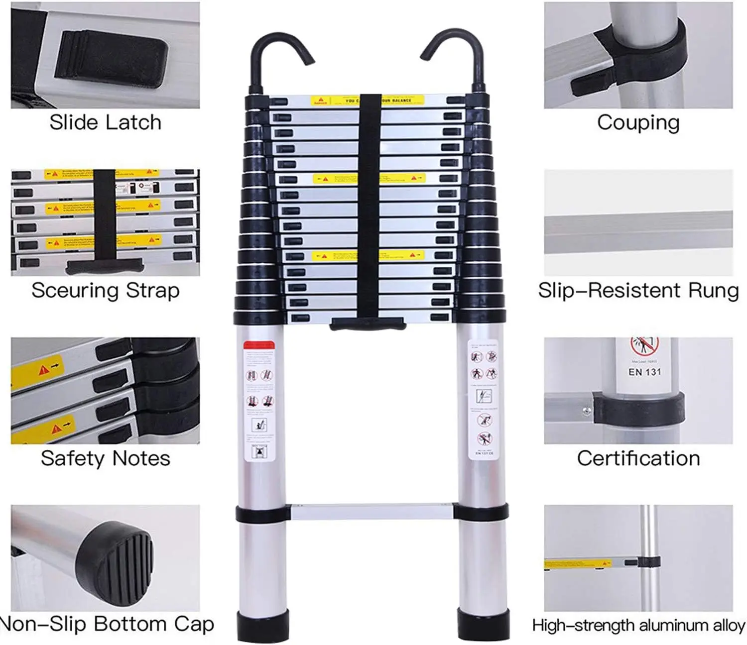 Telescopic Ladder 6.2m with Detachable Hooks & Extendable Steps, Folding Tall Loft Ladder with Non-Slip Feet Collapsible Ladder