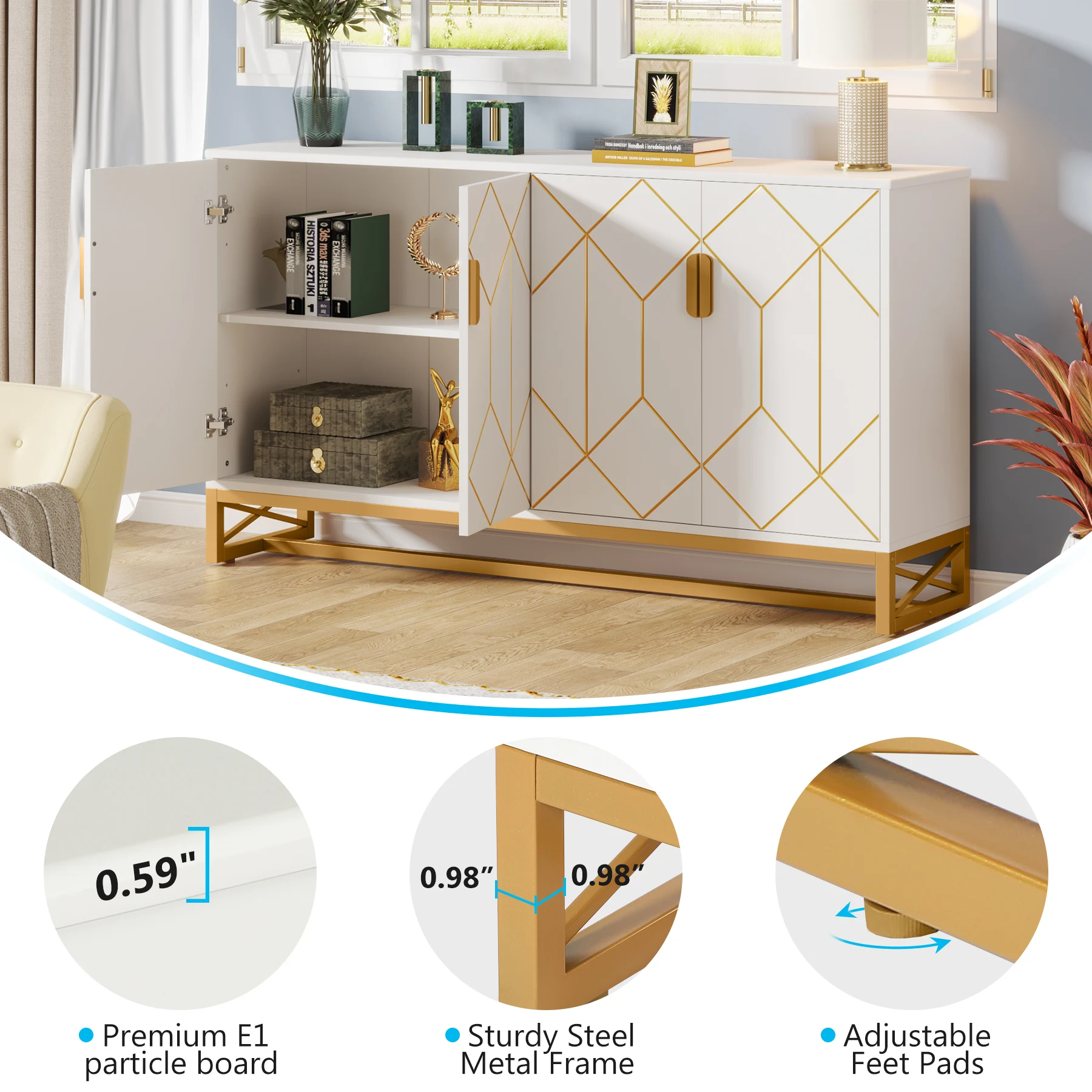 Tribesigns 59" White Gold Buffet Cabinet with Storage Kitchen Sideboard Storage Cabinet