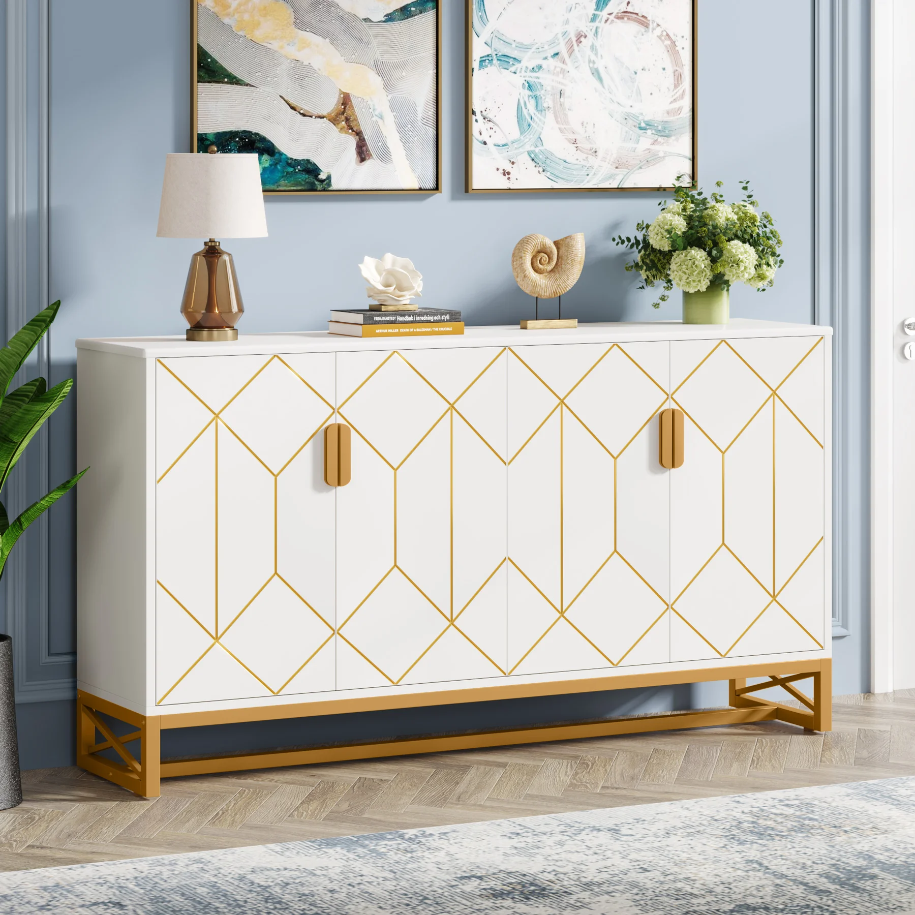 Tribesigns 59" White Gold Buffet Cabinet with Storage Kitchen Sideboard Storage Cabinet