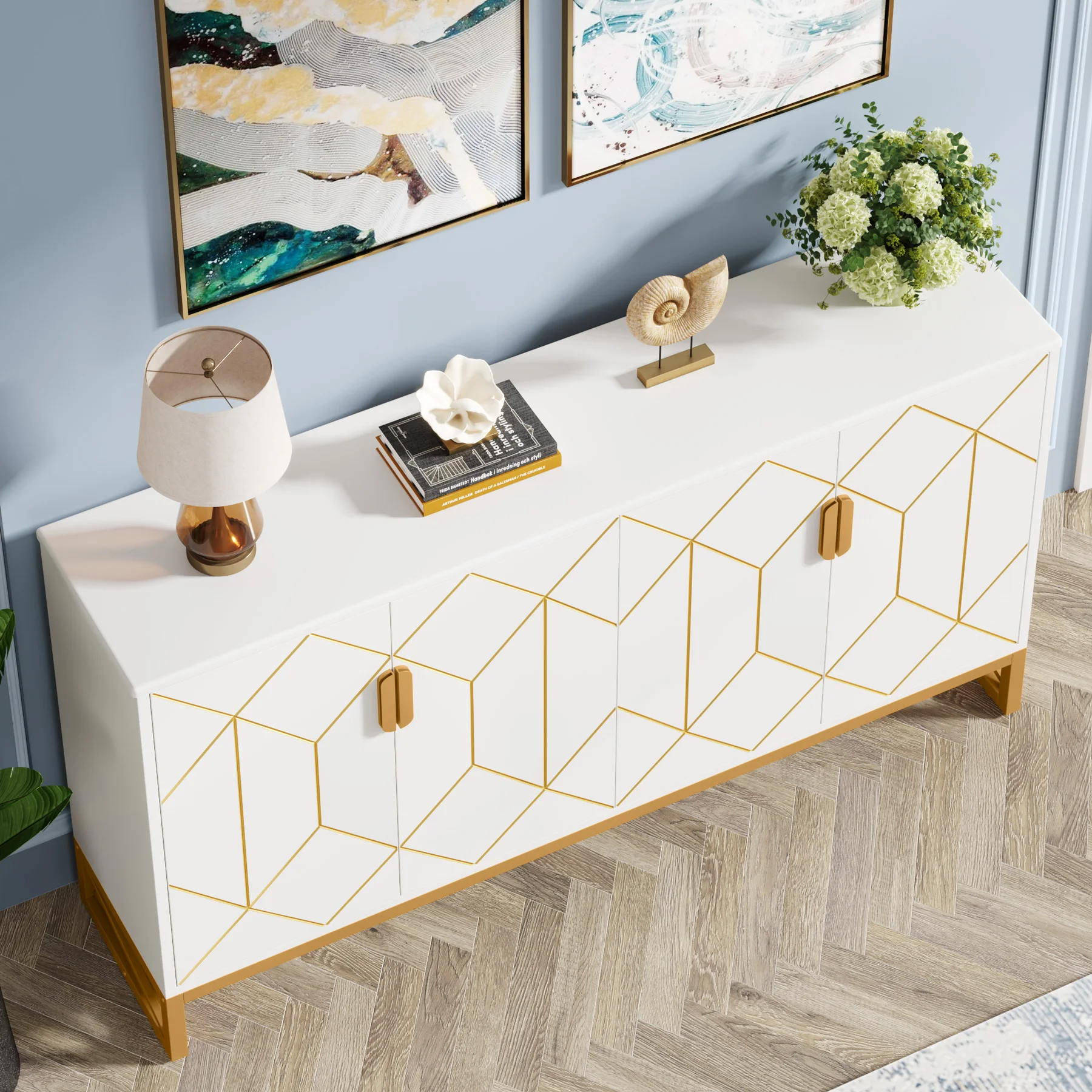 Tribesigns 59" White Gold Buffet Cabinet with Storage Kitchen Sideboard Storage Cabinet