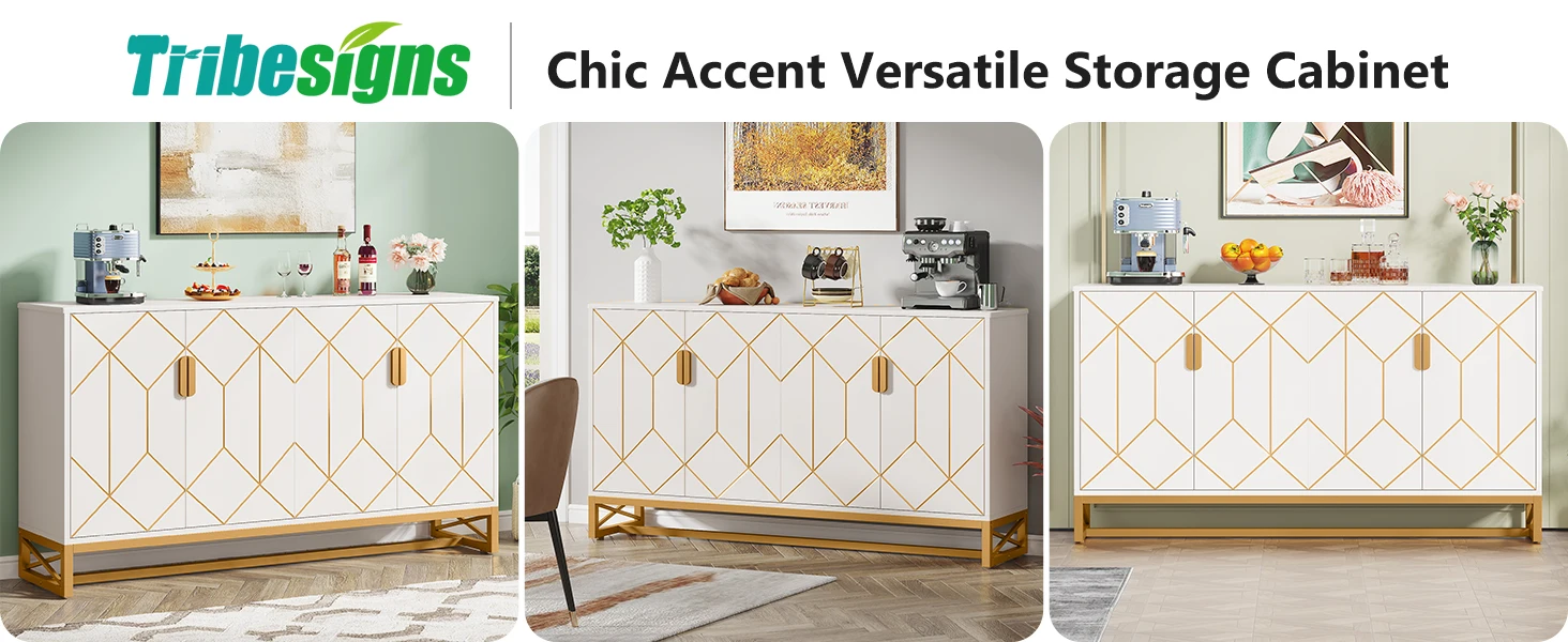 Tribesigns 59" White Gold Buffet Cabinet with Storage Kitchen Sideboard Storage Cabinet