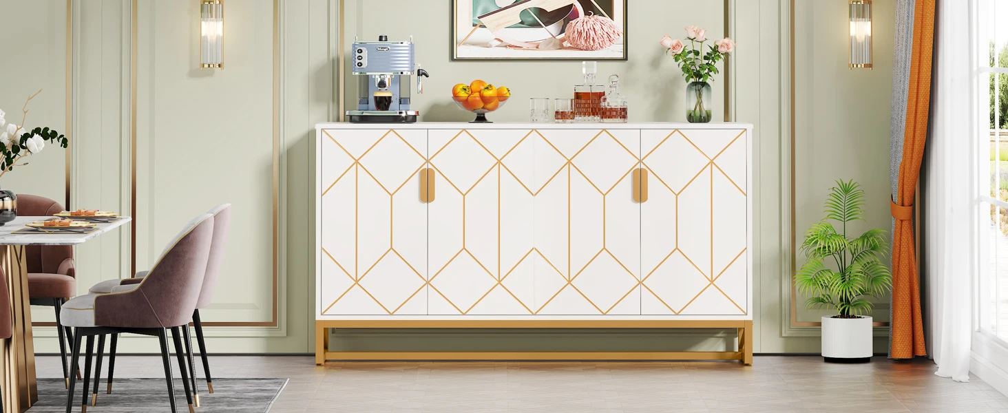 Tribesigns 59" White Gold Buffet Cabinet with Storage Kitchen Sideboard Storage Cabinet