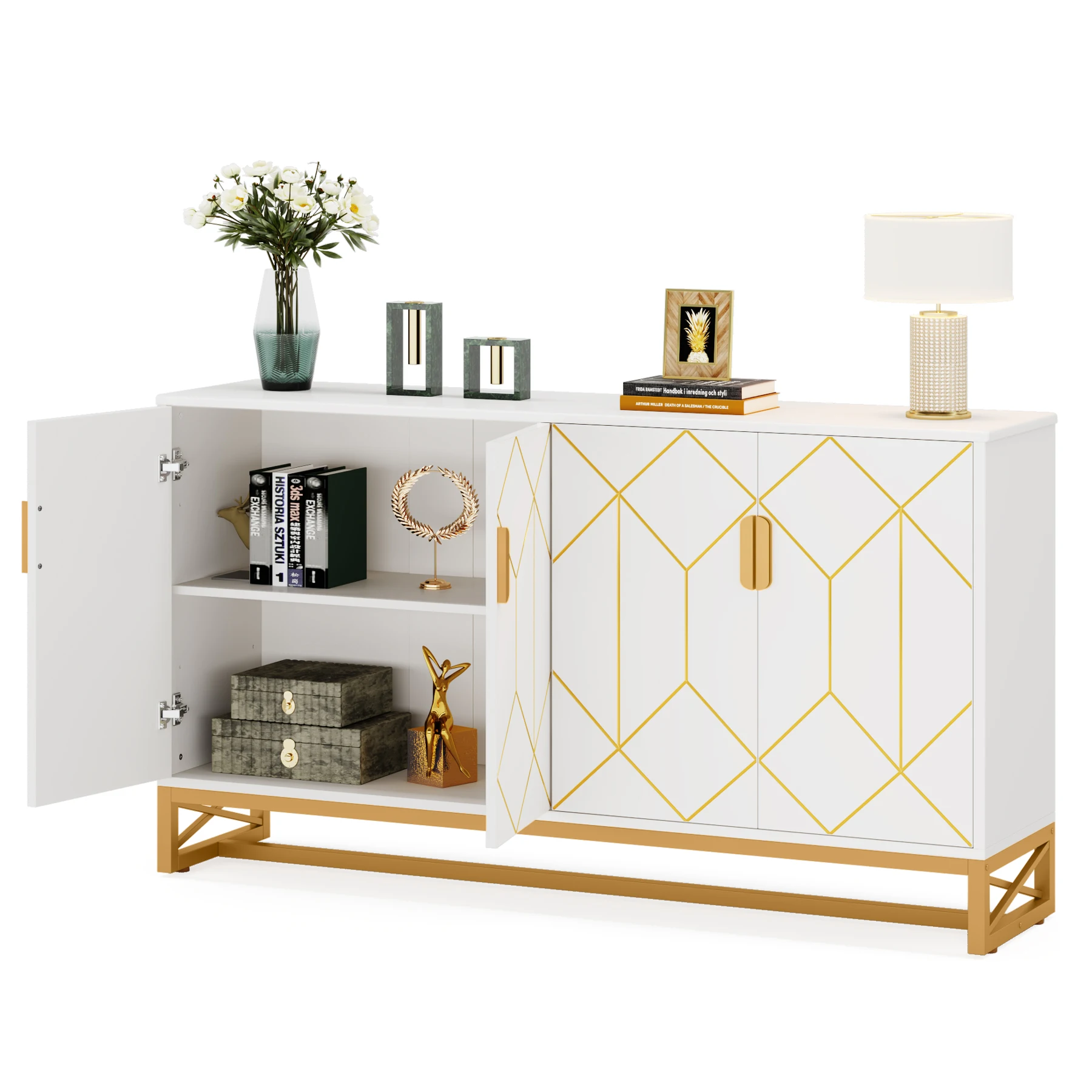 Tribesigns 59" White Gold Buffet Cabinet with Storage Kitchen Sideboard Storage Cabinet