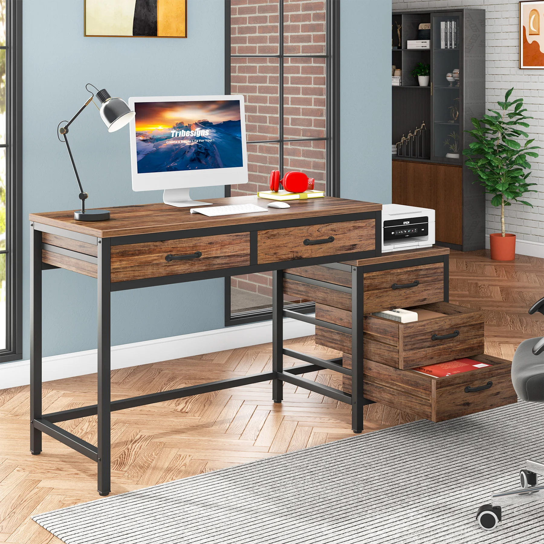 Tribesigns Computer Desk with 3 Drawers, 59-Inch PC Desk with Reversible Drawers, Industrial Study Writing Table Workstation