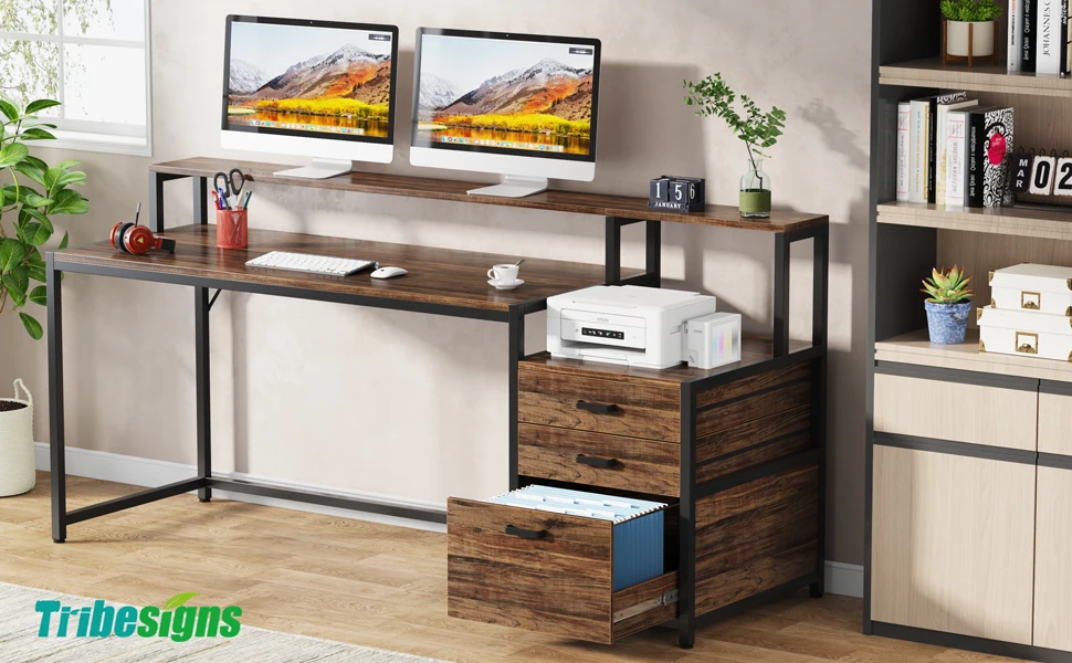 Tribesigns Computer Desk with 3 Drawers, 59-Inch PC Desk with Reversible Drawers, Industrial Study Writing Table Workstation