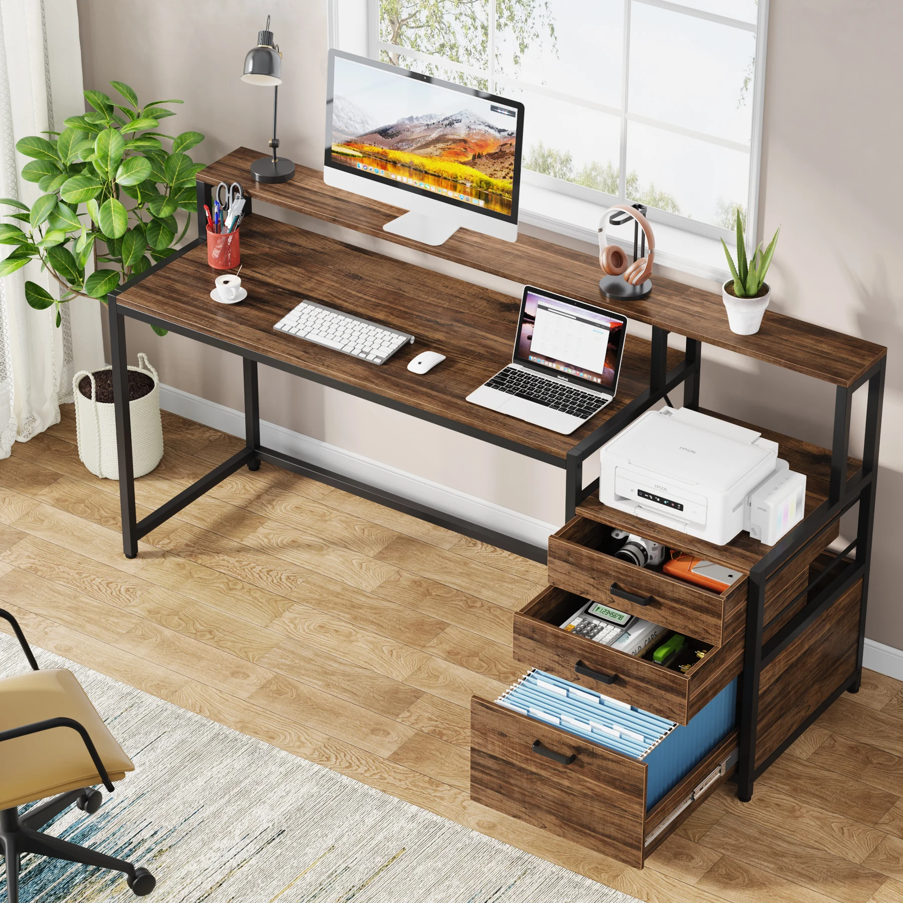 Tribesigns Computer Desk with 3 Drawers, 59-Inch PC Desk with Reversible Drawers, Industrial Study Writing Table Workstation