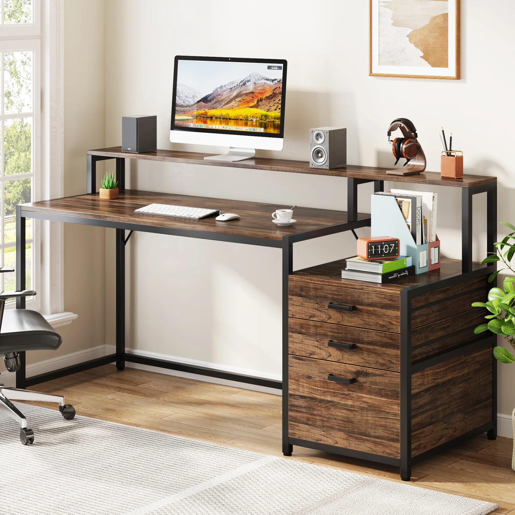 Tribesigns Computer Desk with 3 Drawers, 59-Inch PC Desk with Reversible Drawers, Industrial Study Writing Table Workstation