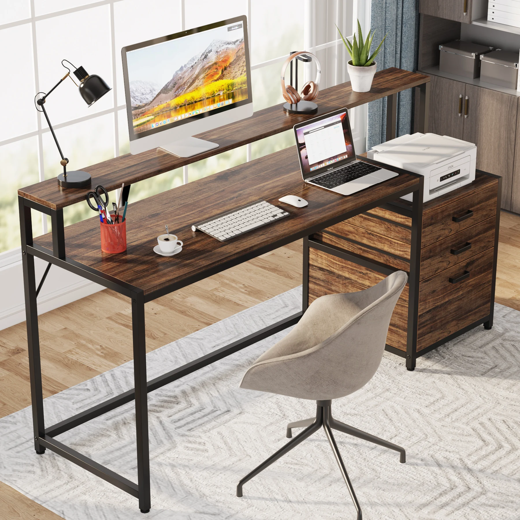 Tribesigns Computer Desk with 3 Drawers, 59-Inch PC Desk with Reversible Drawers, Industrial Study Writing Table Workstation