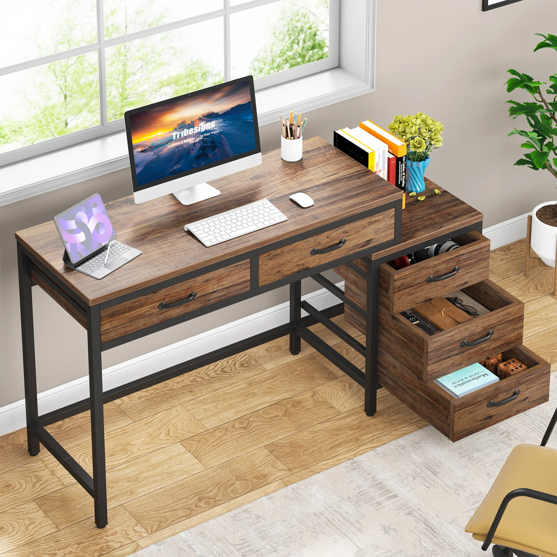Tribesigns Computer Desk with 3 Drawers, 59-Inch PC Desk with Reversible Drawers, Industrial Study Writing Table Workstation