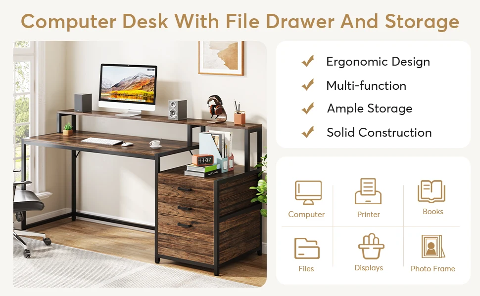 Tribesigns Computer Desk with 3 Drawers, 59-Inch PC Desk with Reversible Drawers, Industrial Study Writing Table Workstation