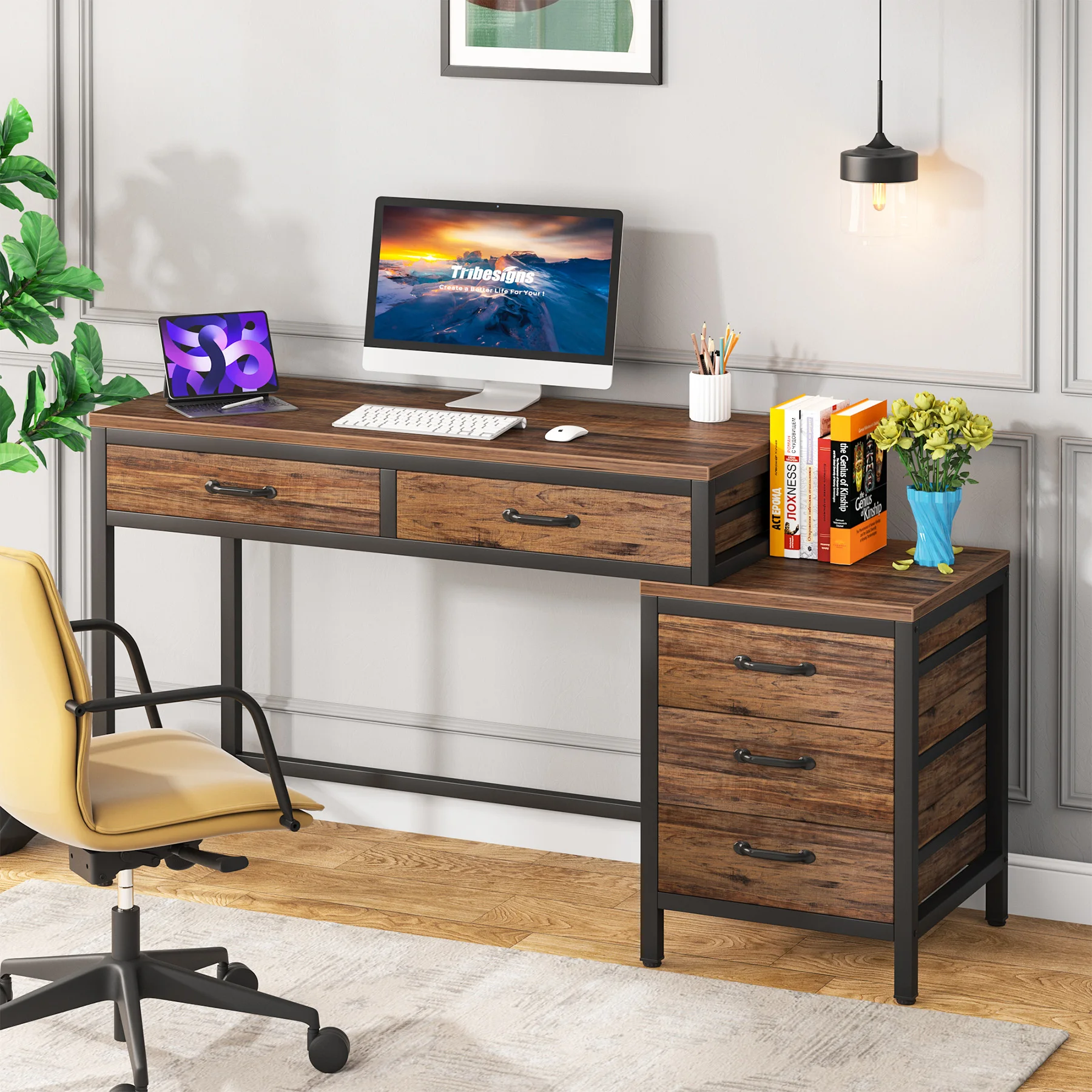 Tribesigns Computer Desk with 3 Drawers, 59-Inch PC Desk with Reversible Drawers, Industrial Study Writing Table Workstation