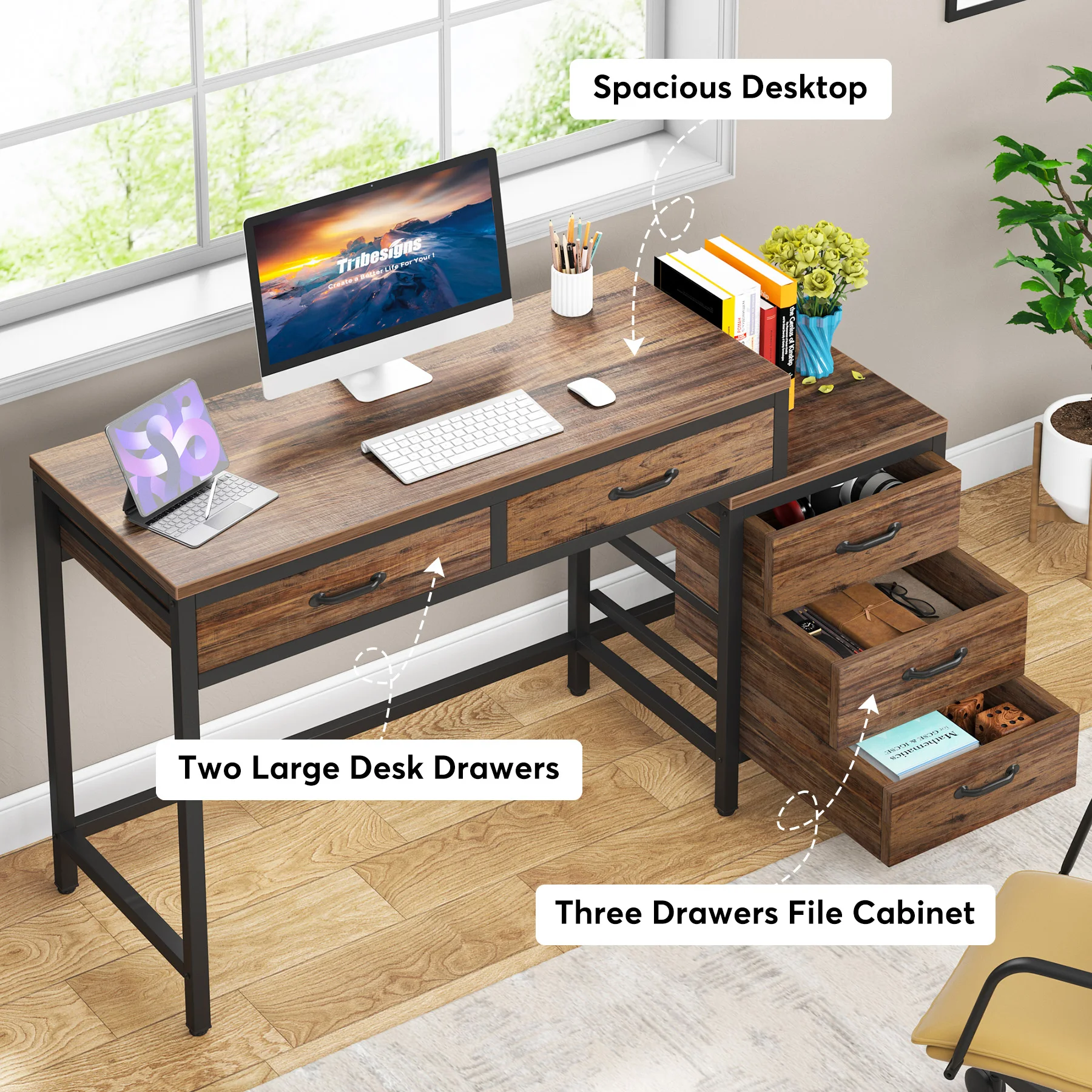 Tribesigns Computer Desk with 3 Drawers, 59-Inch PC Desk with Reversible Drawers, Industrial Study Writing Table Workstation