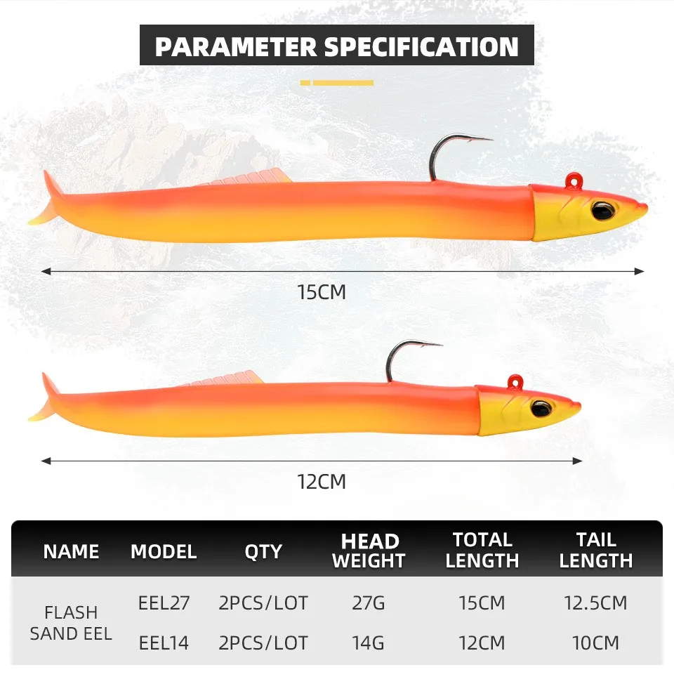 BLUX FLASH SAND EEL 14G/27G Soft Fishing Lure Tail Jig Head Hook Minnow Artificial Bait Saltwater Sea Bass Swimbait Tackle Gear