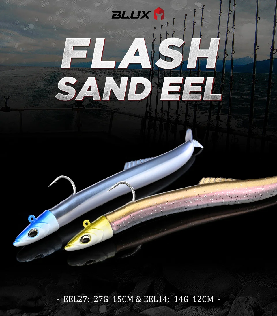 BLUX FLASH SAND EEL 14G/27G Soft Fishing Lure Tail Jig Head Hook Minnow Artificial Bait Saltwater Sea Bass Swimbait Tackle Gear