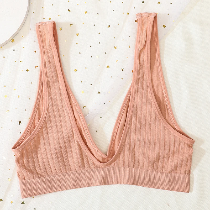 Push-Up Bras For Women Seamless Ribbed Deep V Bralette Unlined Sexy Lingerie Wireless Crop Top S-XL Plunge Sports Underwear