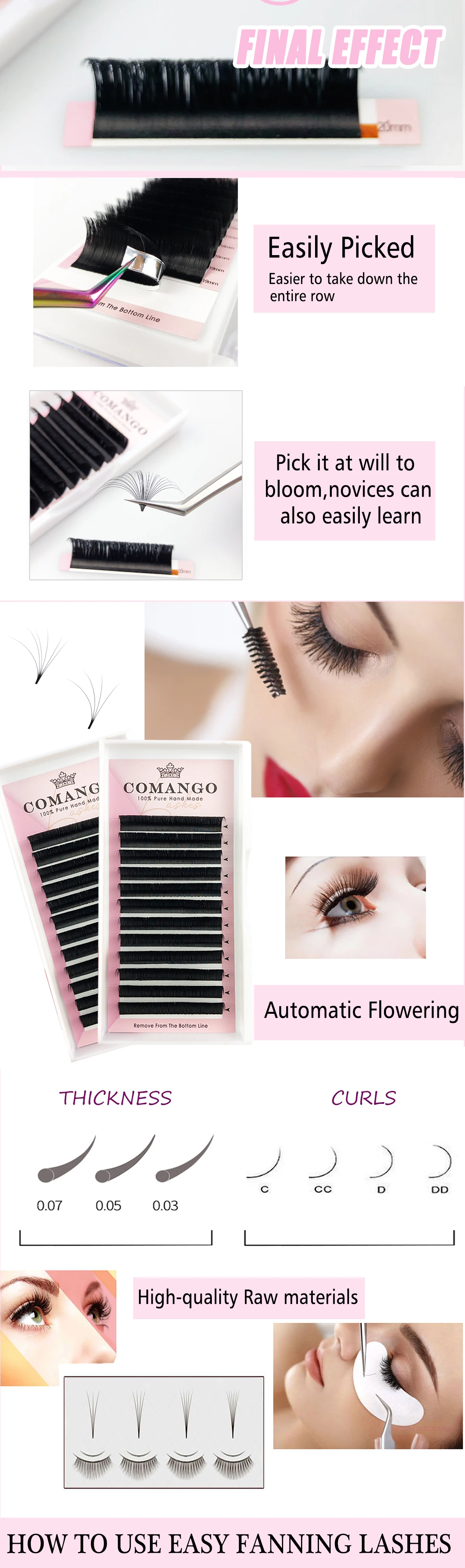 CoMango Easy Fan Lashes Extension DIY 2d/3d/4d/10d Faux Mink Blooming Eye Lash Extensions 0.03/0.05/0.07 Makeup Lashes
