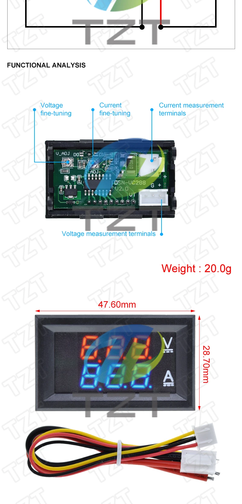 TZT DC 0-100V 10A Digital Voltmeter Ammeter Dual Display Voltage Detector Current Meter Panel Amp Volt Gauge 0.28" Red Blue LED