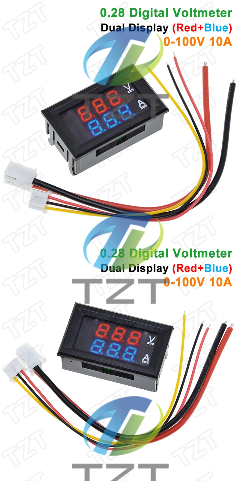 TZT DC 0-100V 10A Digital Voltmeter Ammeter Dual Display Voltage Detector Current Meter Panel Amp Volt Gauge 0.28" Red Blue LED