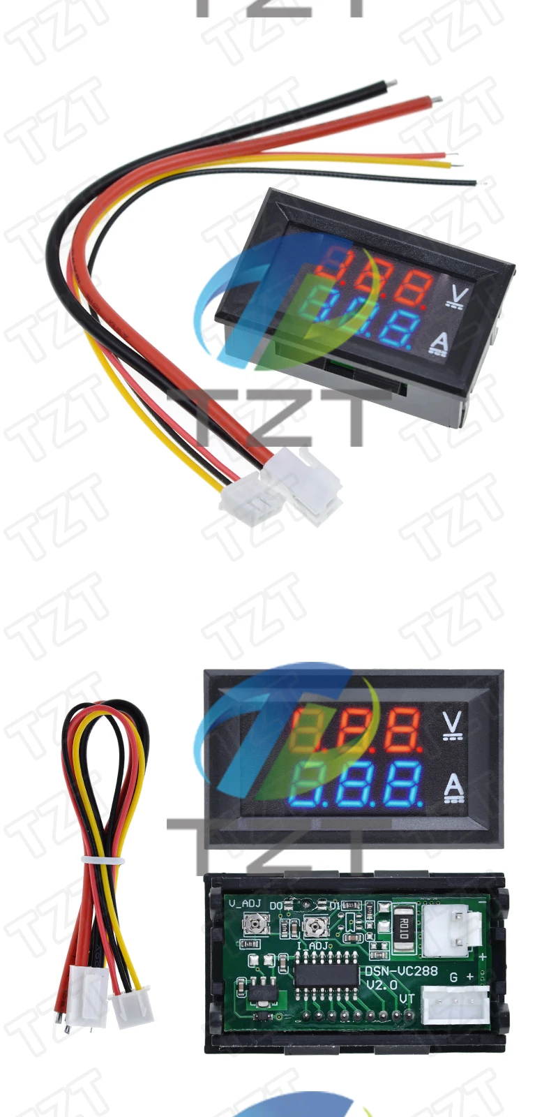 TZT DC 0-100V 10A Digital Voltmeter Ammeter Dual Display Voltage Detector Current Meter Panel Amp Volt Gauge 0.28" Red Blue LED