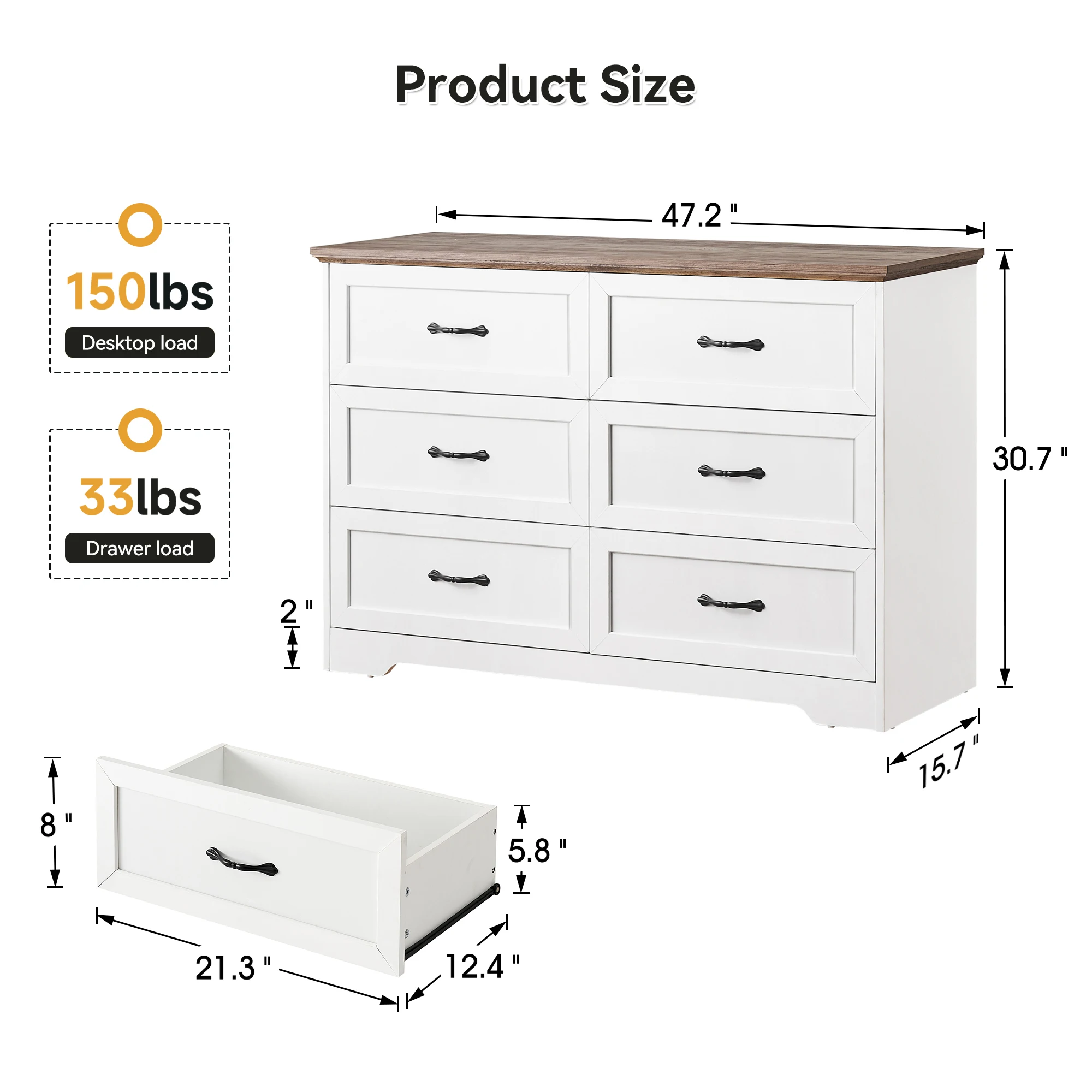 6 Drawer Dresser, Farmhouse Chest of Drawer with Metal Handles, Modern Storage Organizer with Anti-Collapse Design