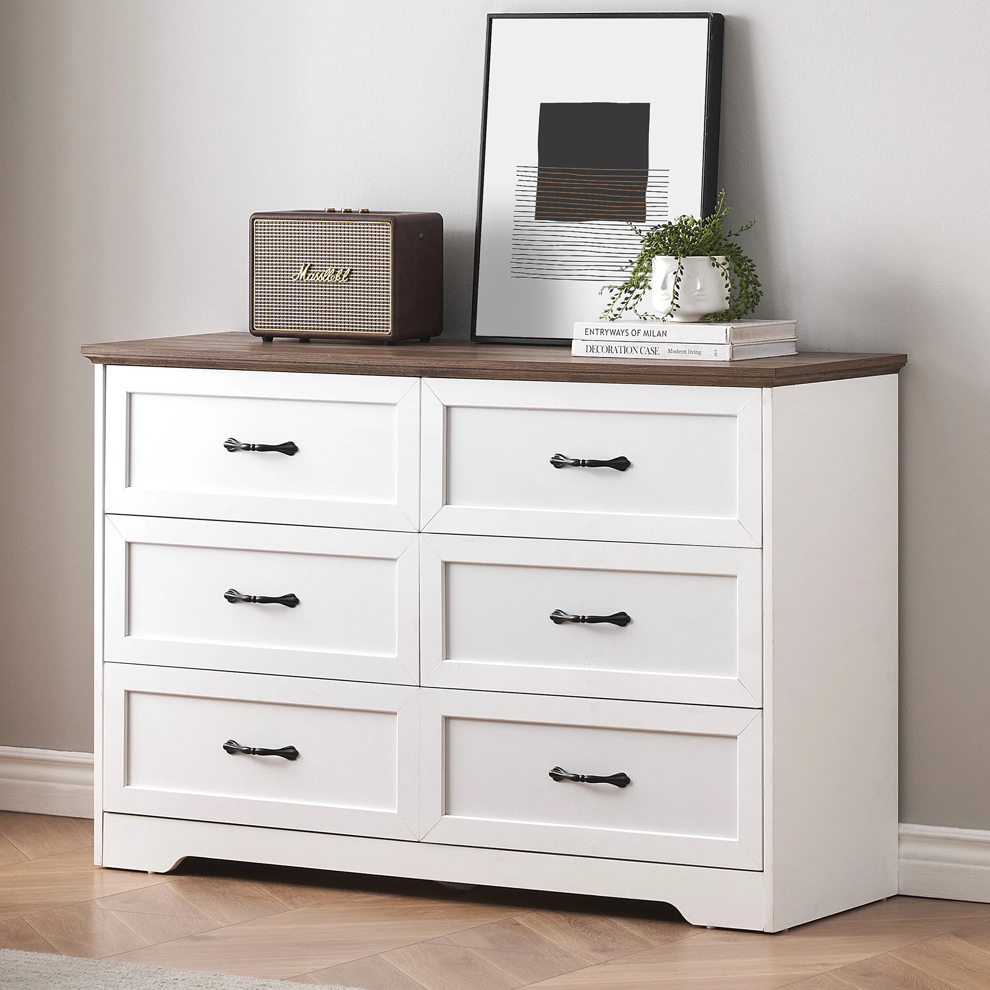 6 Drawer Dresser, Farmhouse Chest of Drawer with Metal Handles, Modern Storage Organizer with Anti-Collapse Design