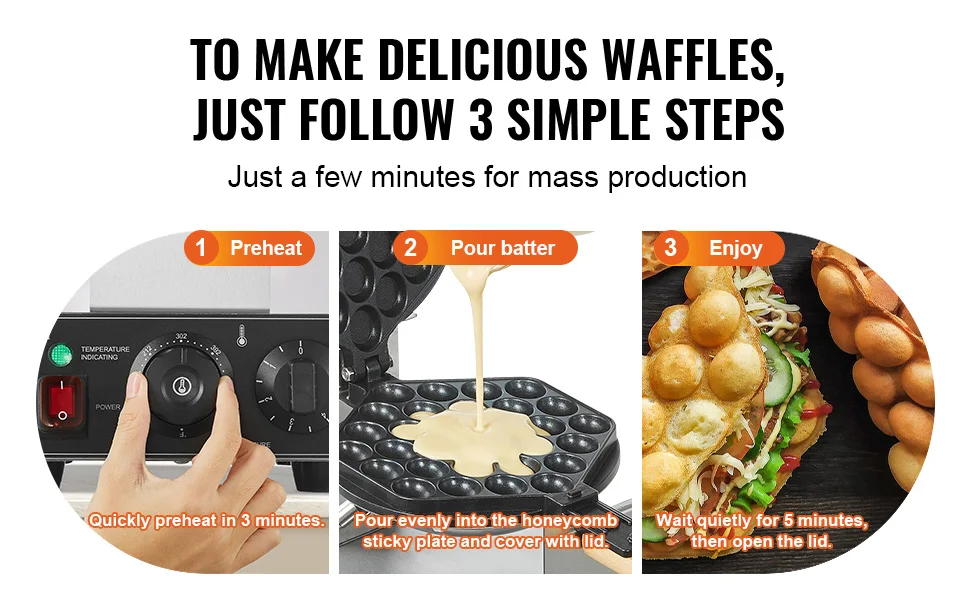 SucceBuy Commercial Egg Bubble Waffle Maker 1400W Non-Stick Stainless Steel Bubble Puff w/180° Rotatable 2 Pans & Wooden Handles