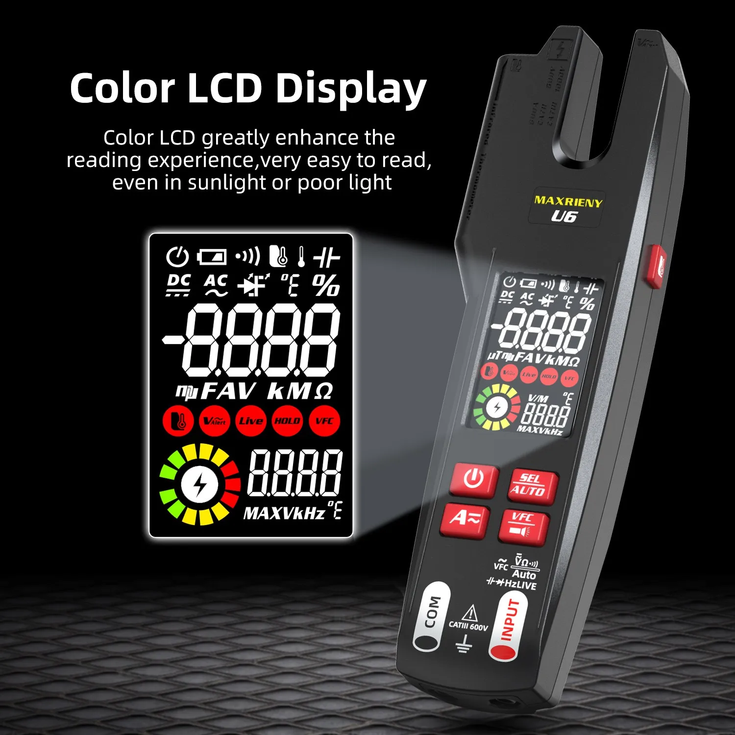 U6 U6X Digital Fork Clamp Meter 600A Current Open Jaw Ammeter Multimeter DC AC Current Hz Electrical Tester Rechargeable Battery